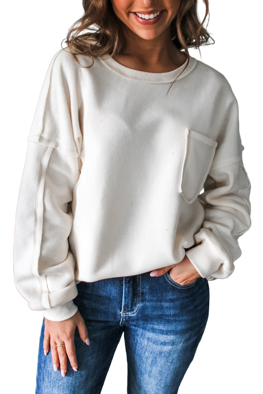 White Solid Color Drop Sleeve Pullover Sweatshirt