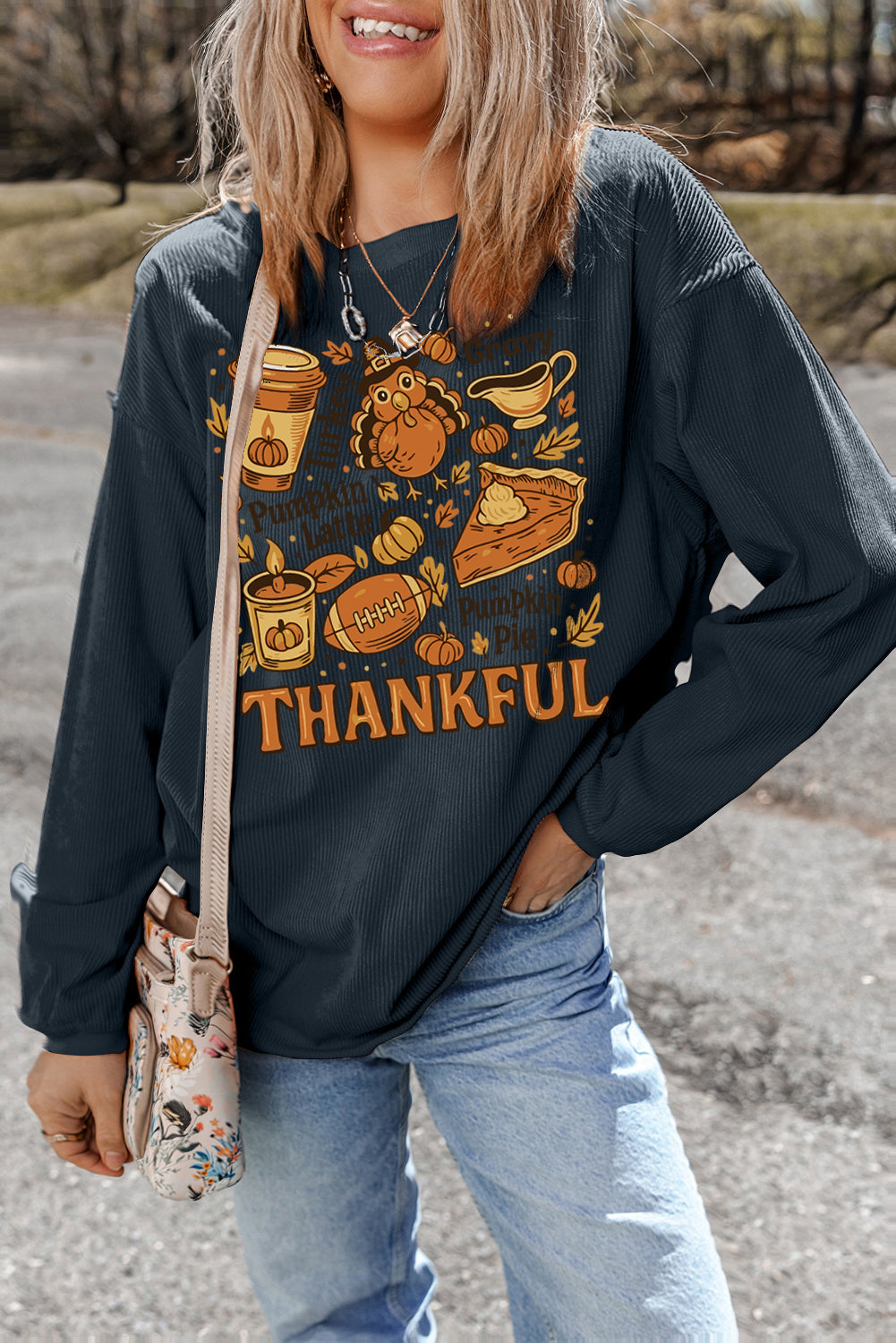 Dark Grey Twisted Ribbed THANKFUL Fall Fashion Heat Transfer Printing Baggy Sweatshirt