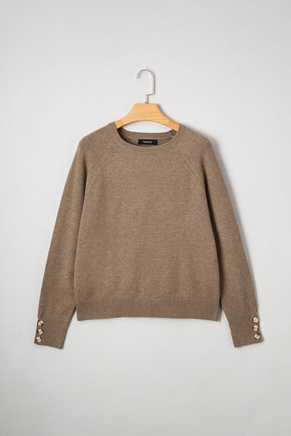 Camel Buttoned Cuffs Raglan Sleeve Knit Sweater