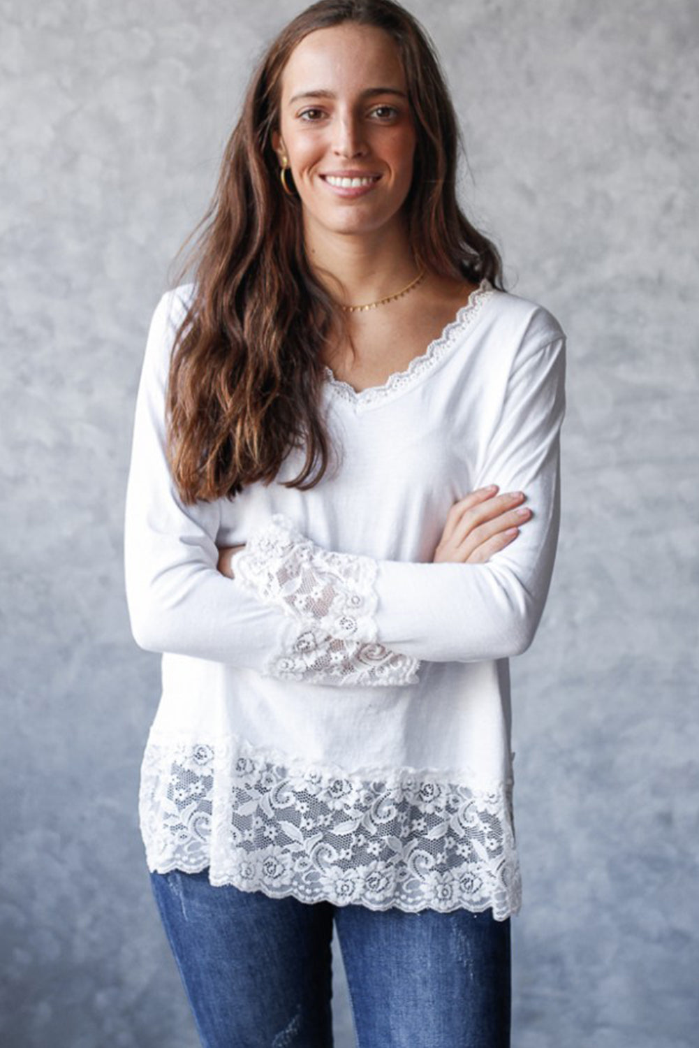 White Lace Trim V Neck Cuffed Long Sleeve Loose Top