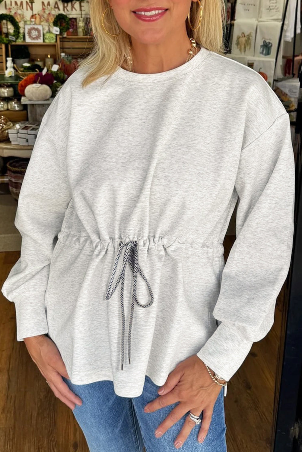 Light Grey Drawstring Waist Plain Pullover Sweatshirt