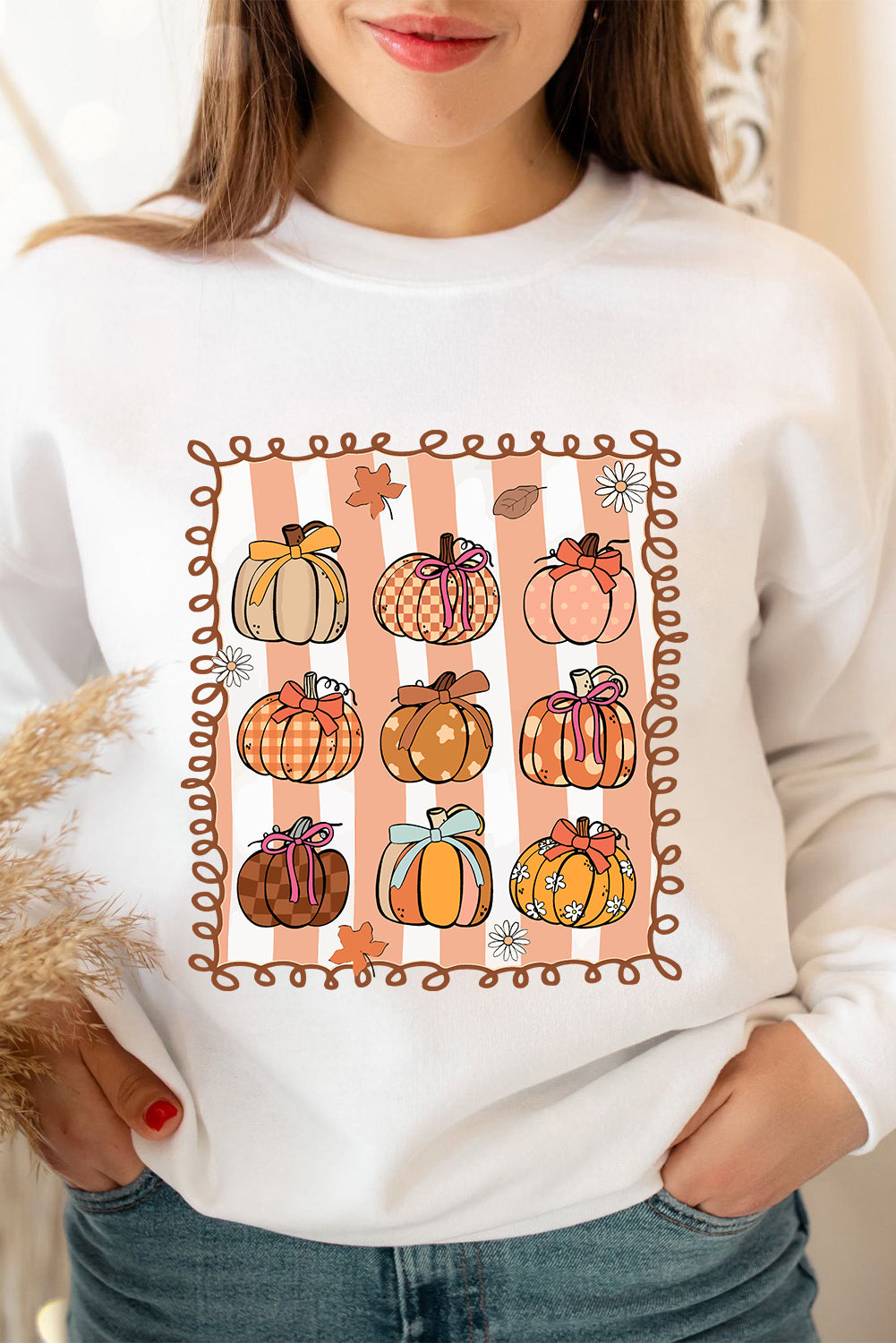 White Fall Bow Pumpkin Round Neck Graphic Sweatshirt