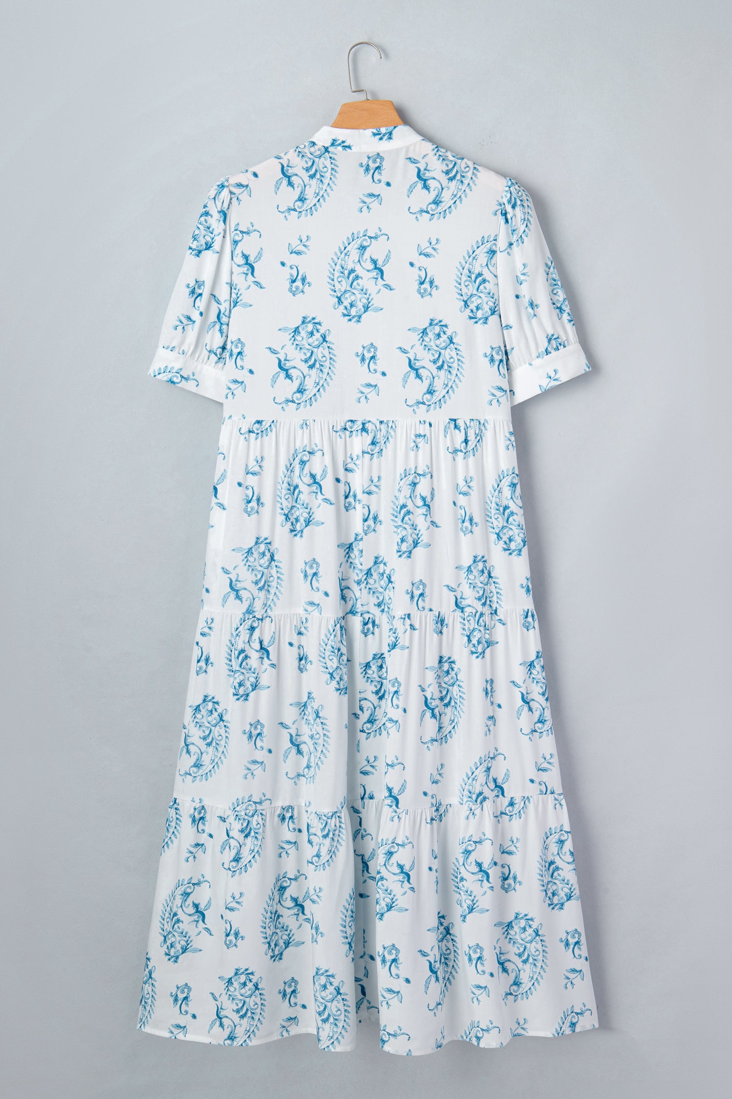 Sky Blue Plus Size Geometric Floral Print Button Split Neck Short Sleeve Maxi Dress