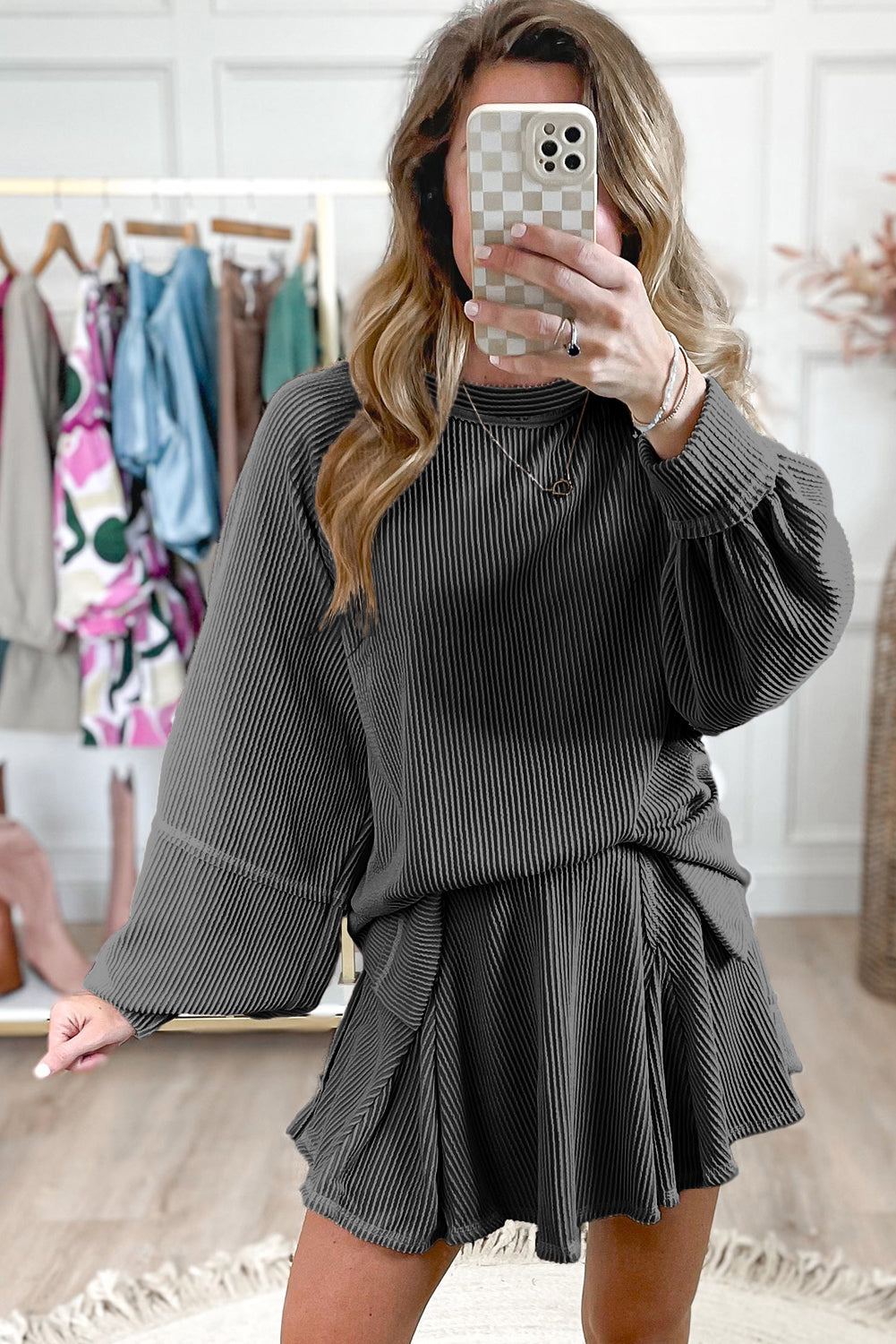 Dark Grey Corded Bishop Sleeve Pullover and Ruffle Mini Skirt Set