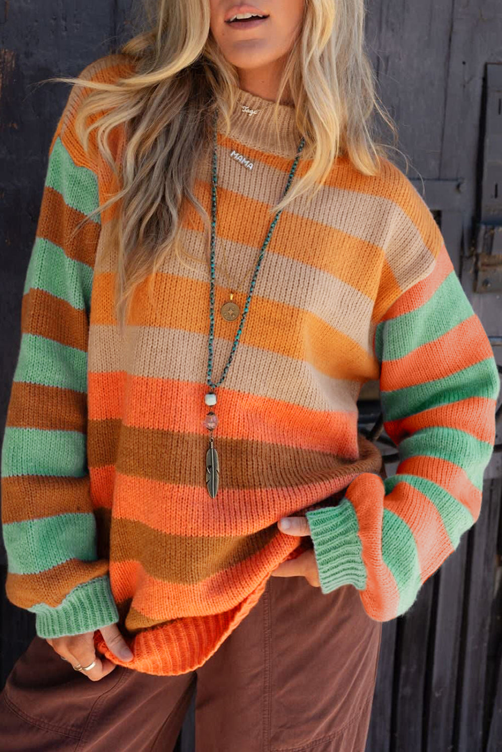 Orange Striped Colorblock High Neck Drop Shoulder Cozy Sweater