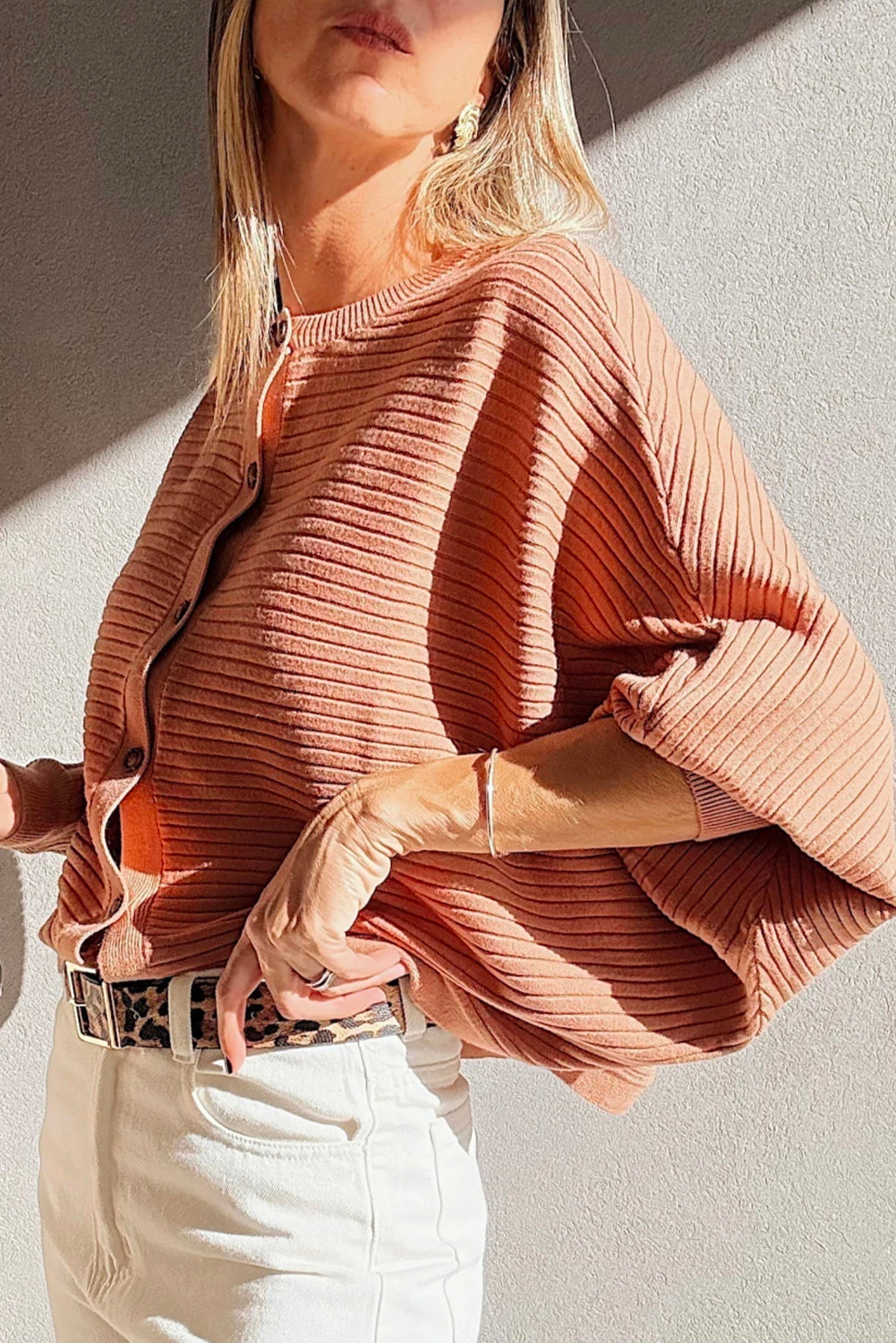 Apricot Pink Rib Knit Button Front Dolman Sleeve Cardigan