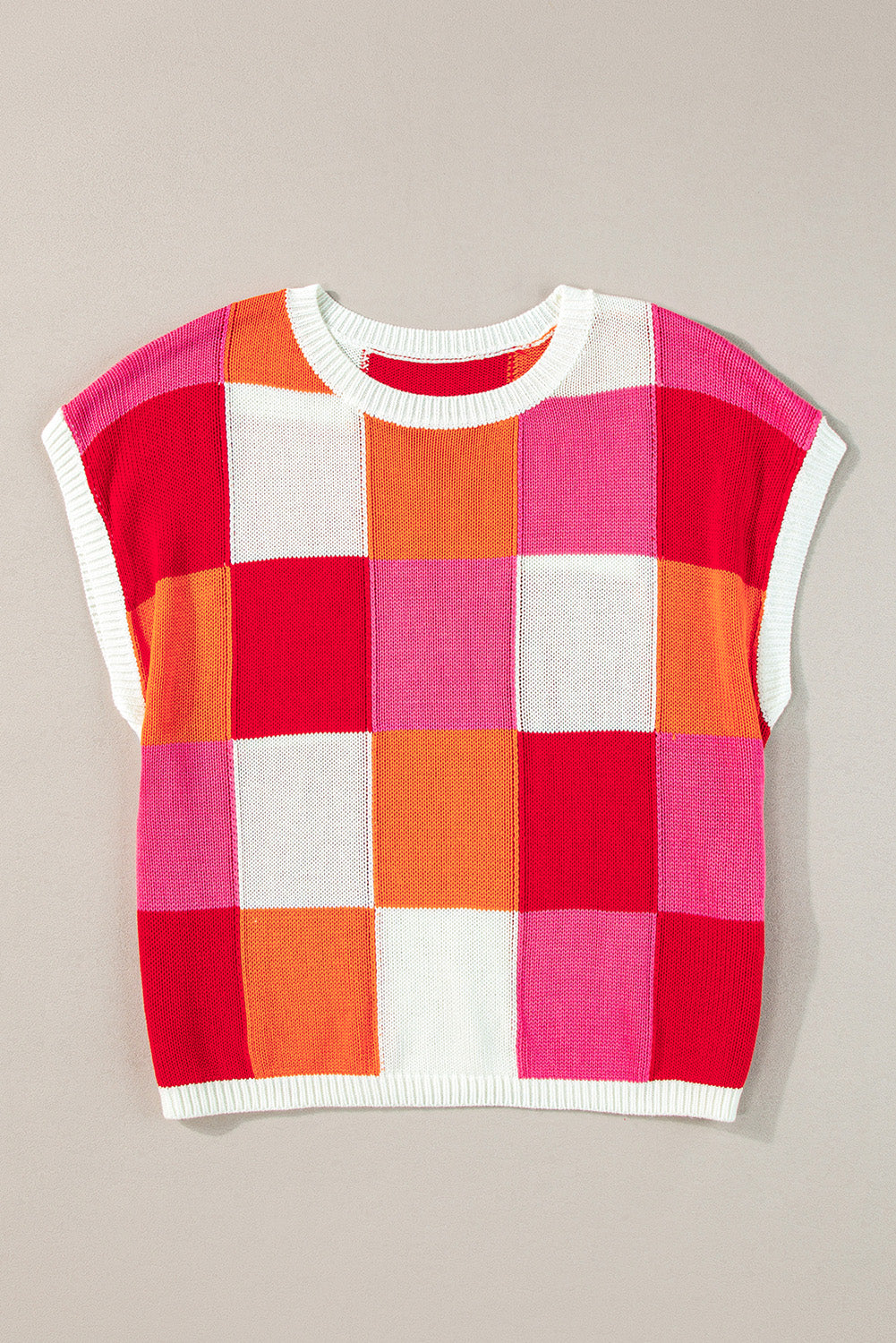 Fiery Red Checkered Color Block Cap Sleeve Knitted Top