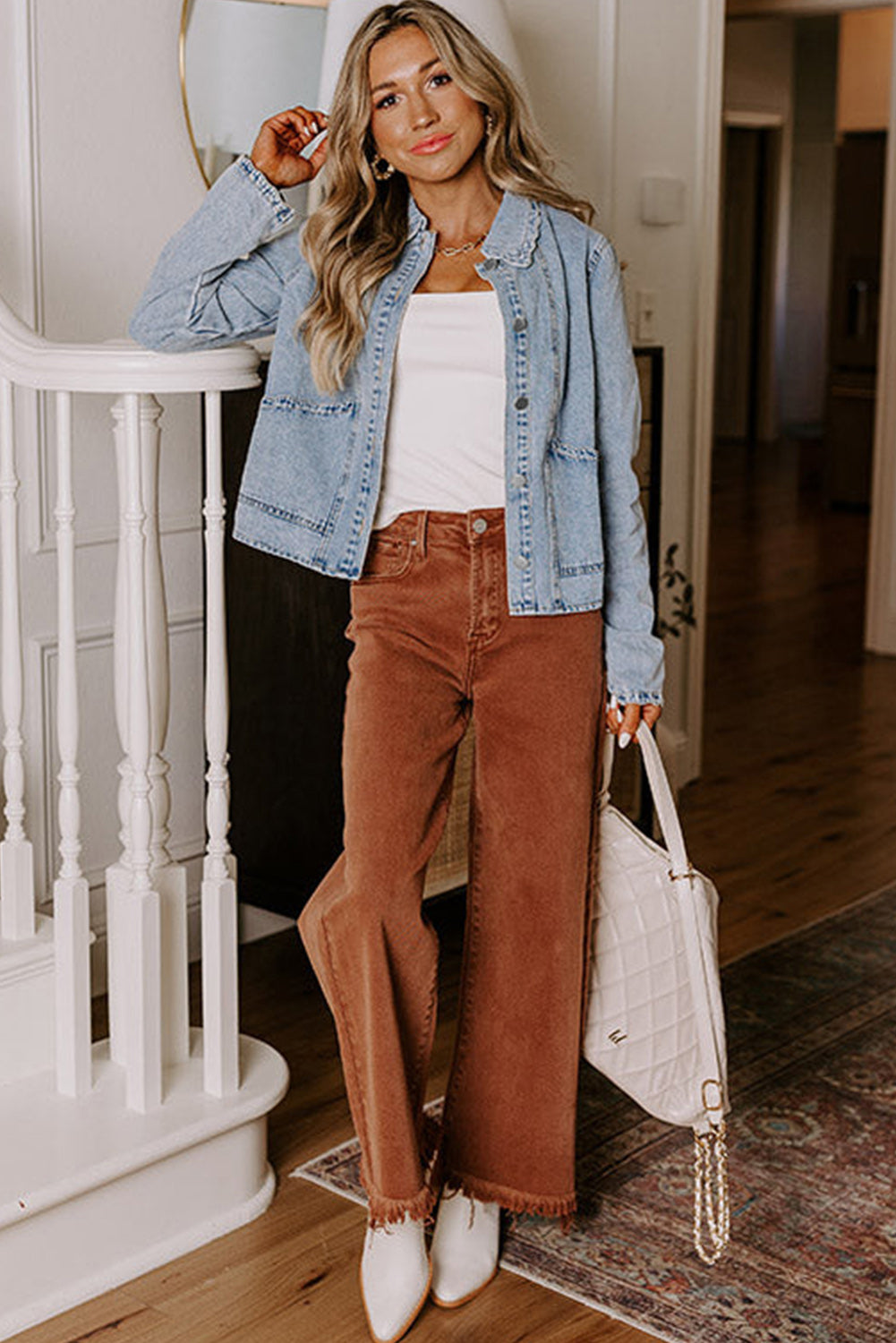 Myosotis Scallop Trim Collar Pocket Button Up Denim Jacket