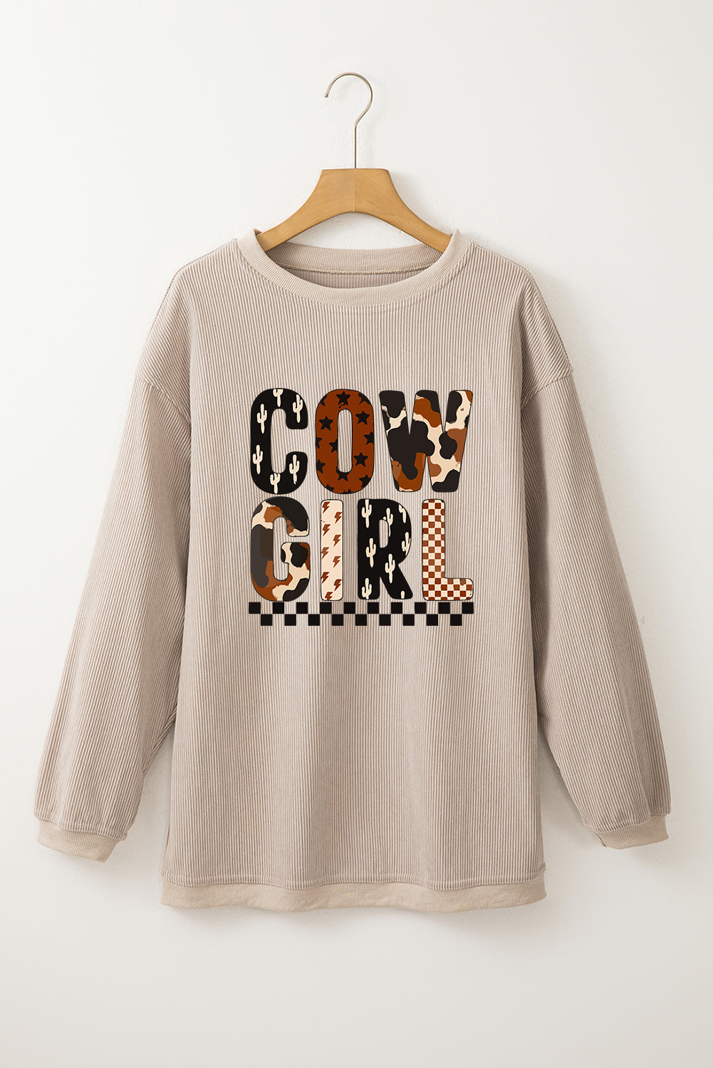 Smoke Gray Letter Print Corduroy Baggy Sweatshirt
