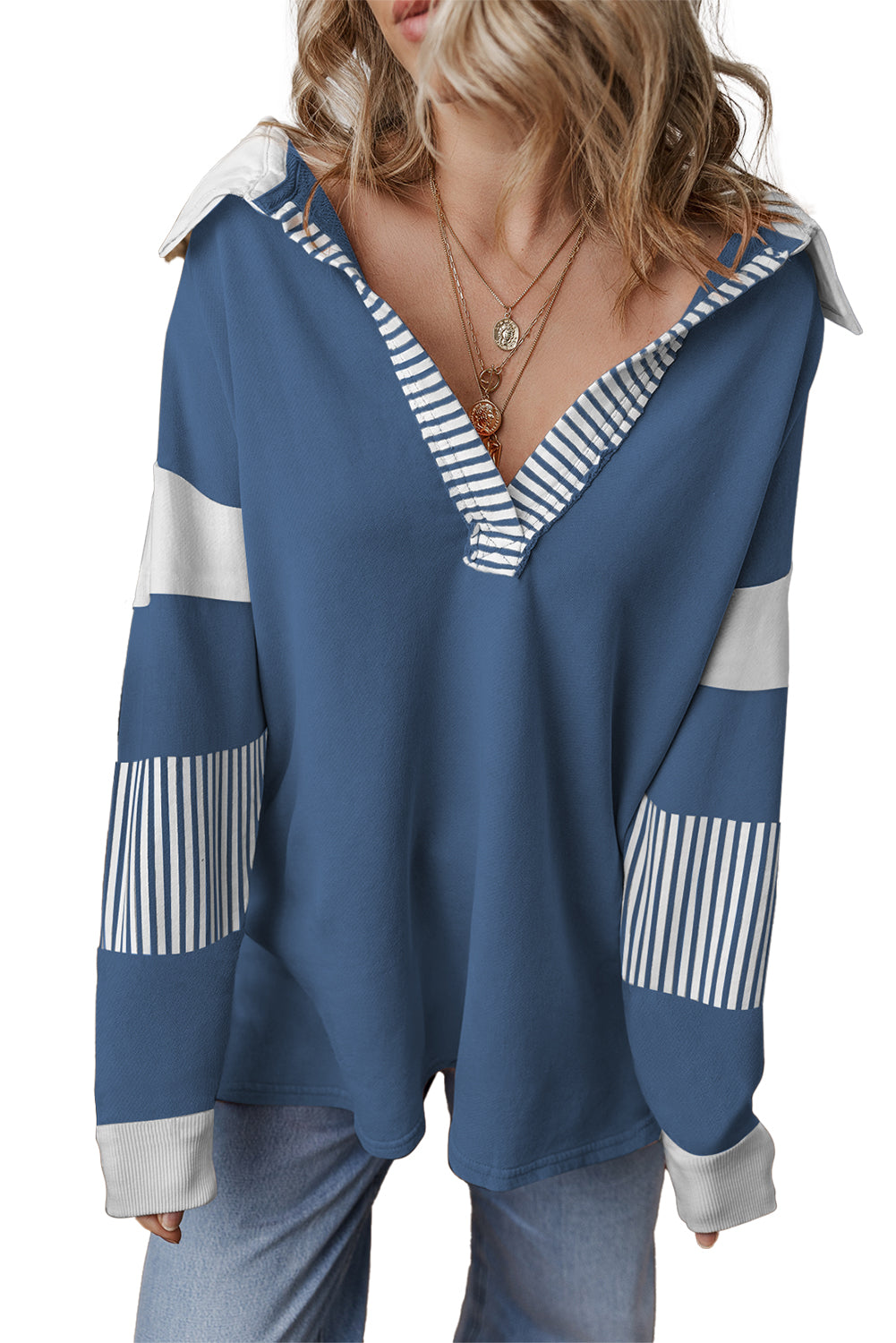 Sudadera con cuello patchwork a rayas azul marino