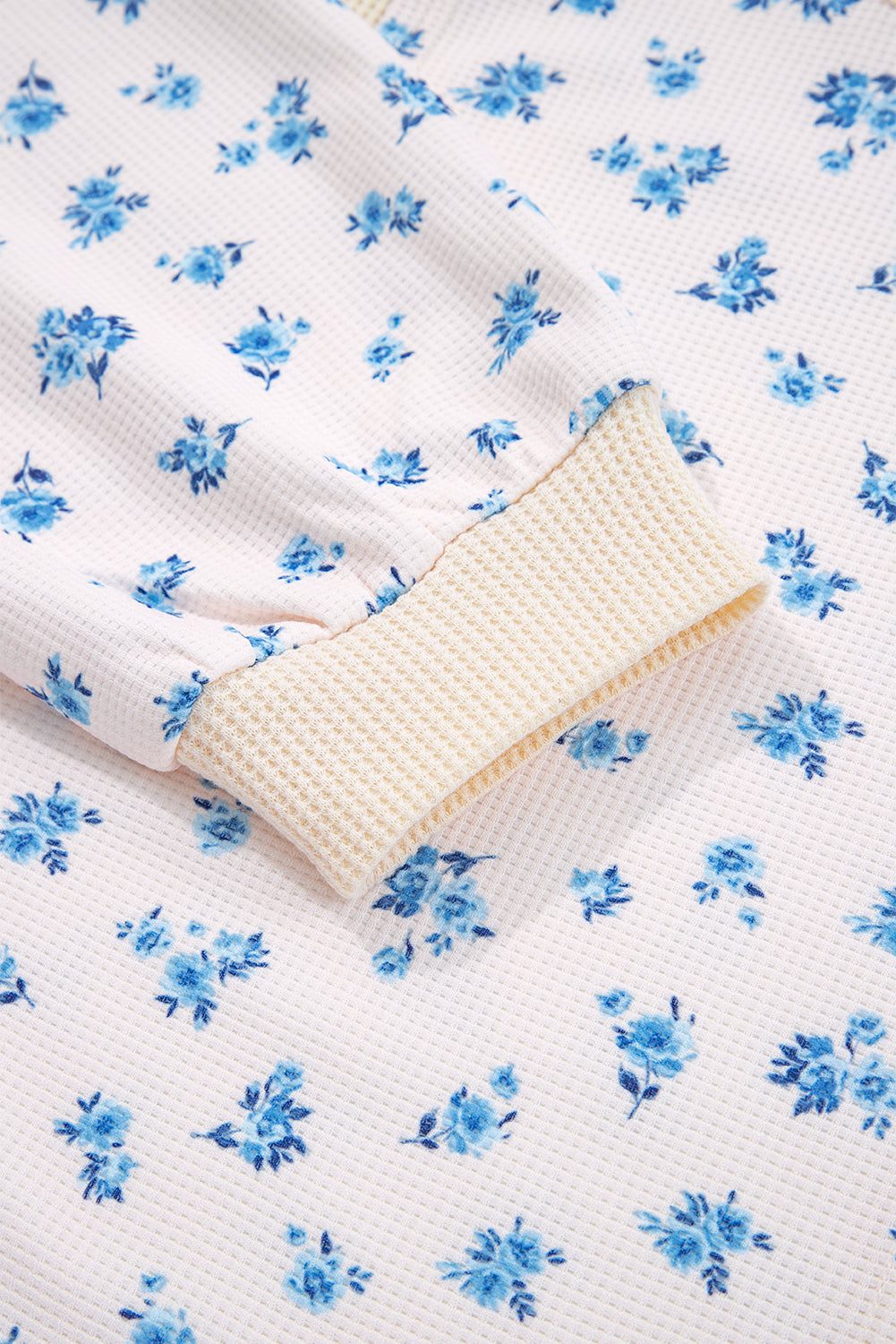 Beige Floral Print Waffle Patchwork Balloon Sleeve V Neck Oversized Top