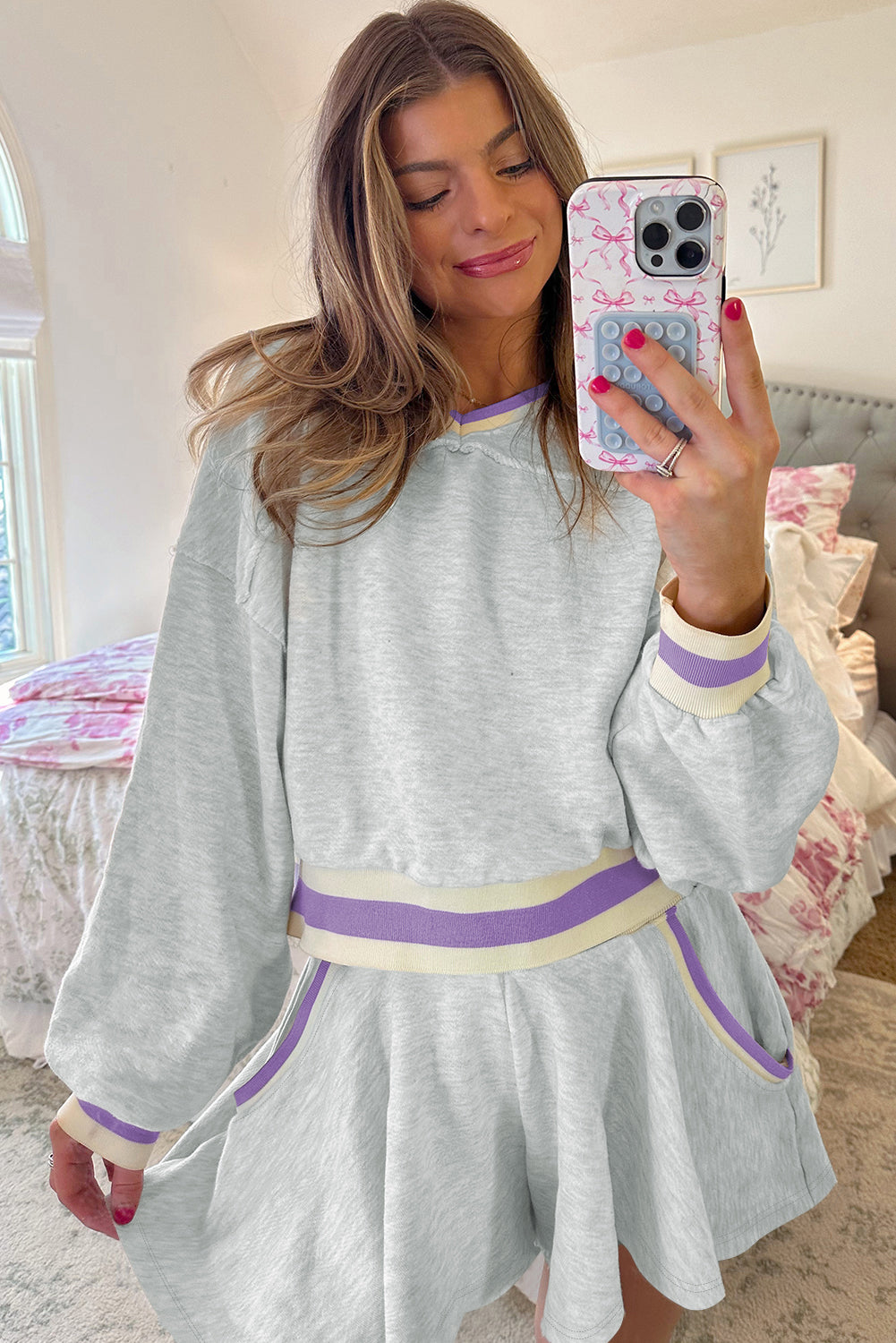 Light Grey Contrast Trim Striped Loose Sweatshirt and Skort Set
