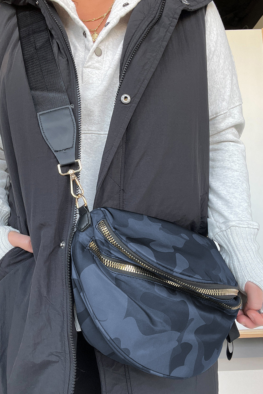 Camouflage Print Double Zipper Crossbody Bag