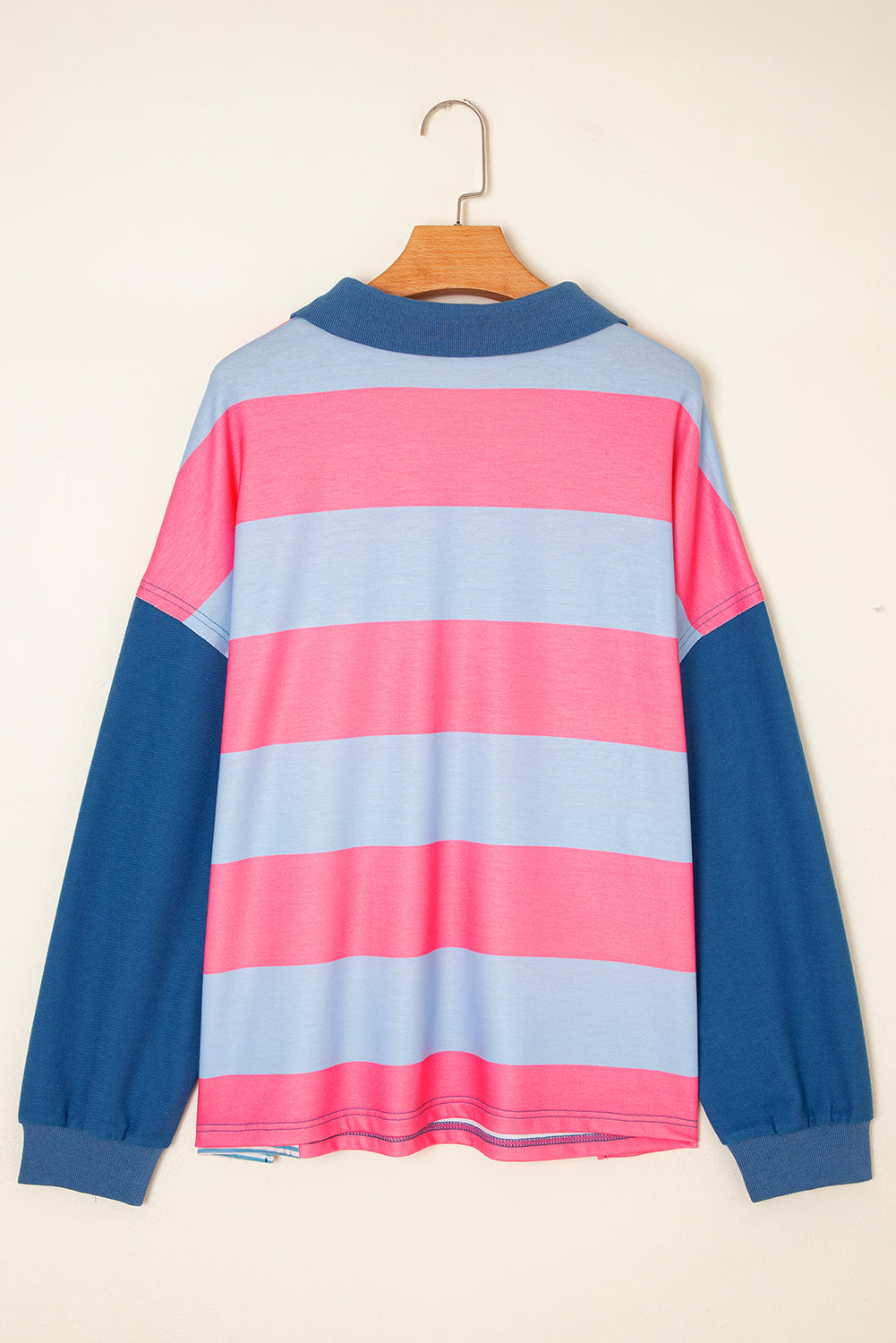 Blue Stripe Colorblock Patchwork Zip-up Plus Size Pullover