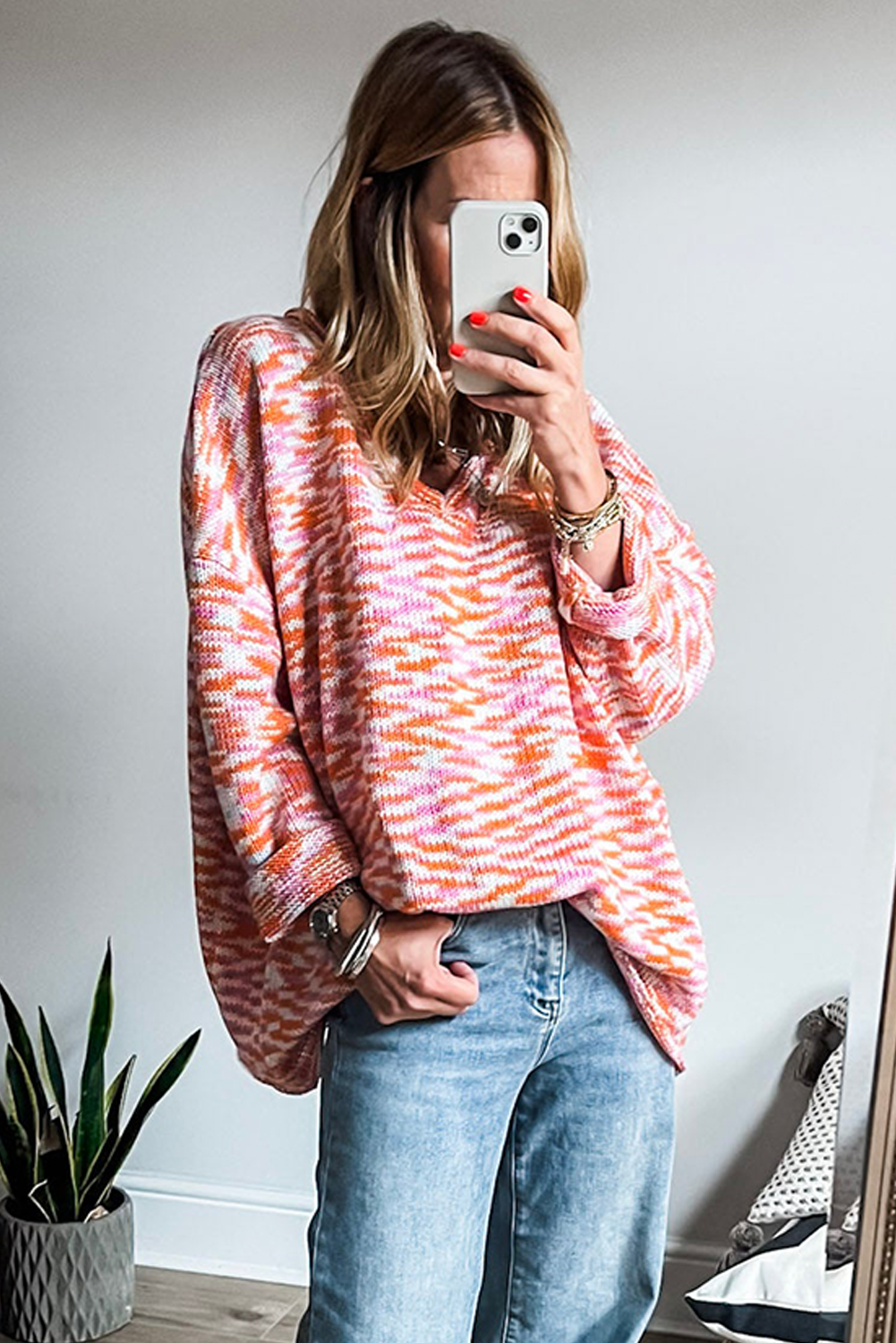 Orange Vibrant Abstract Print Drop Shoulder V Neck Oversized Sweater