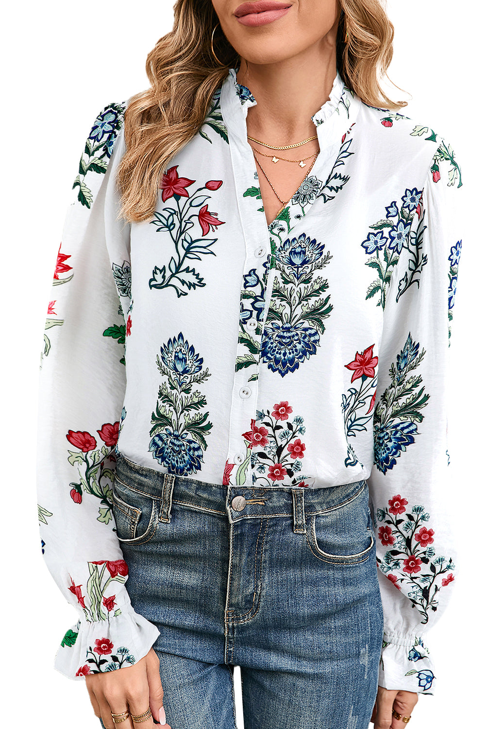 White Floral Print V Neck Loose Drop Sleeve Shirt