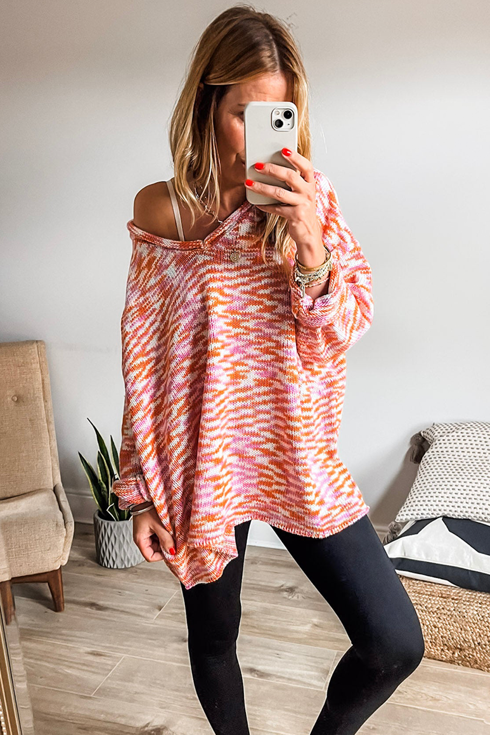 Orange Vibrant Abstract Print Drop Shoulder V Neck Oversized Sweater