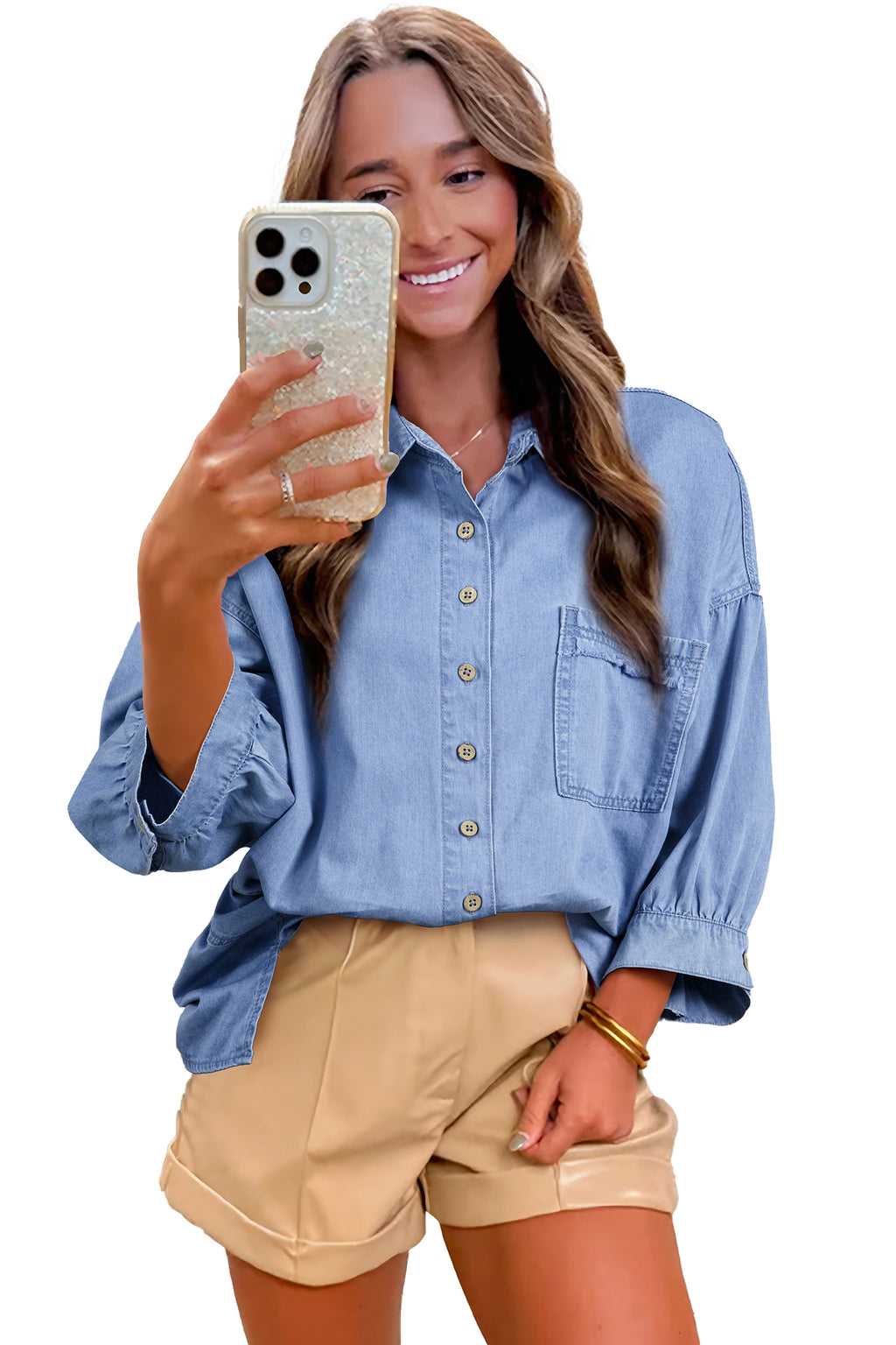 Myosotis Washed Drop Shoulder Bracelet Sleeve Chambray Shirt