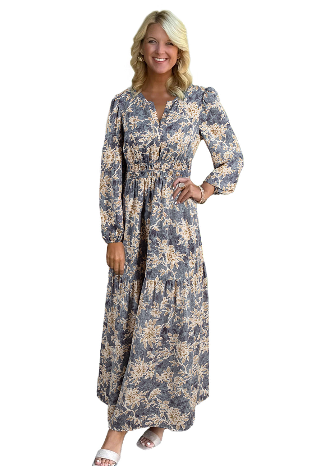 Brown Floral Print Smocked High Waist Long Sleeve Maxi Dress