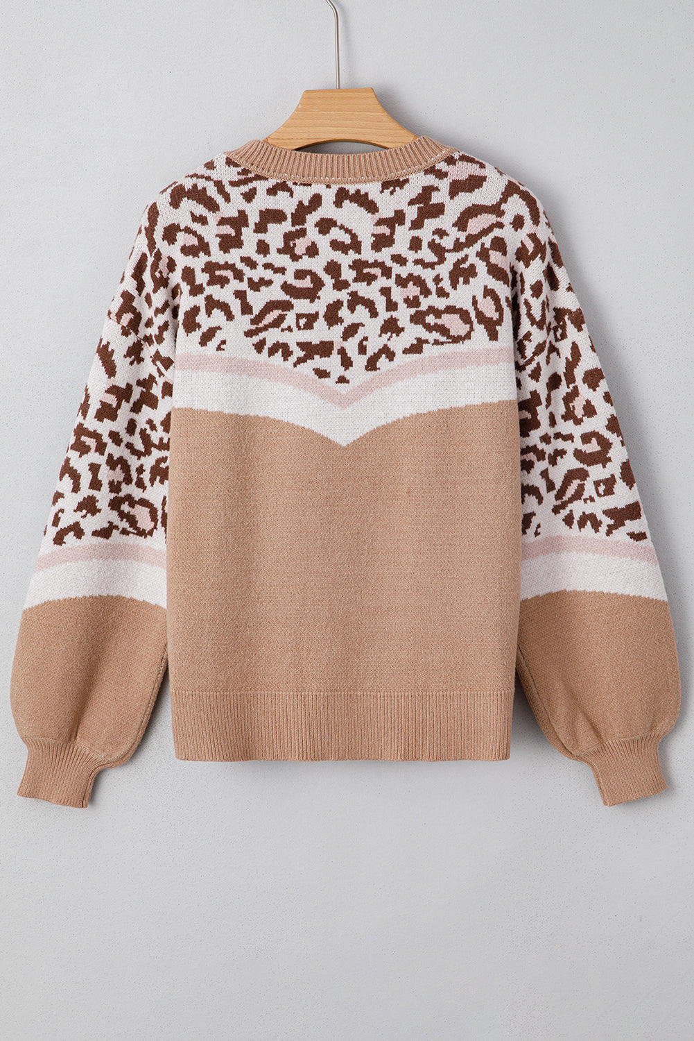 Straw Yellow Leopard Colorblock Patchwork Round Neck Sweater