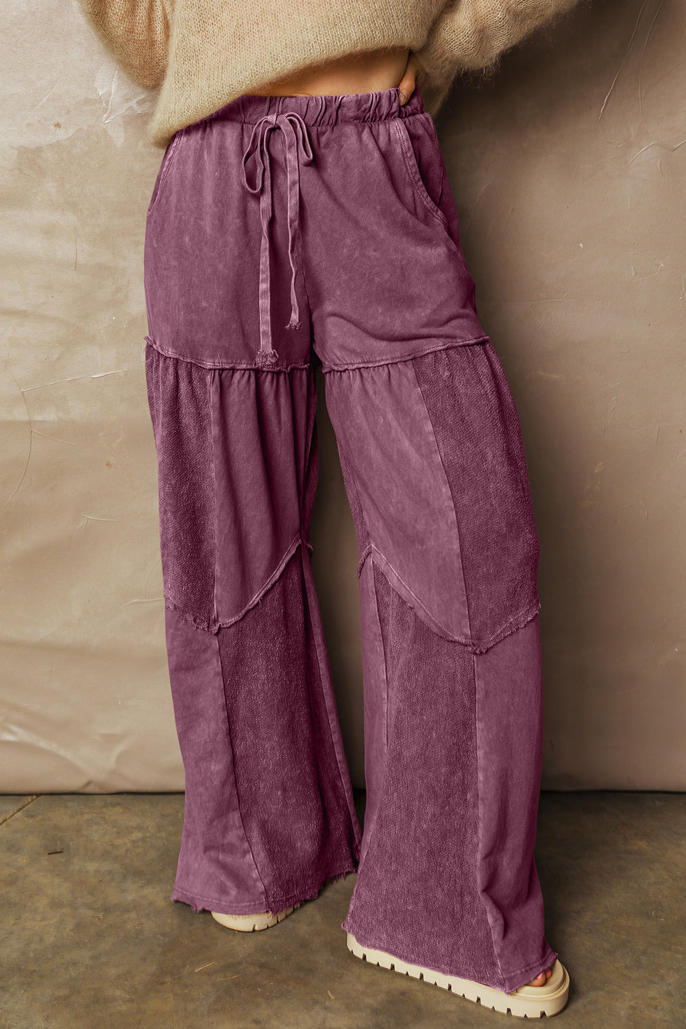 Wild Ginger  Careys Mineral Wash Tiered Wide Leg Patchwork Drawstring Pants