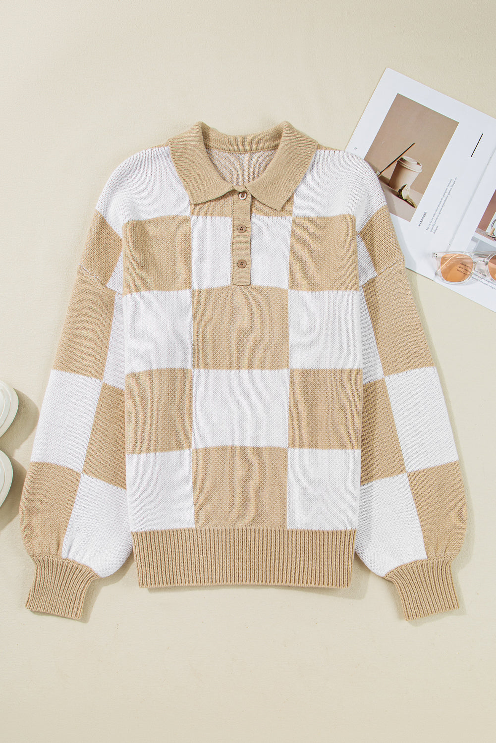 Grapefruit Orange Checkered V-Neck Collared Pullover Sweater