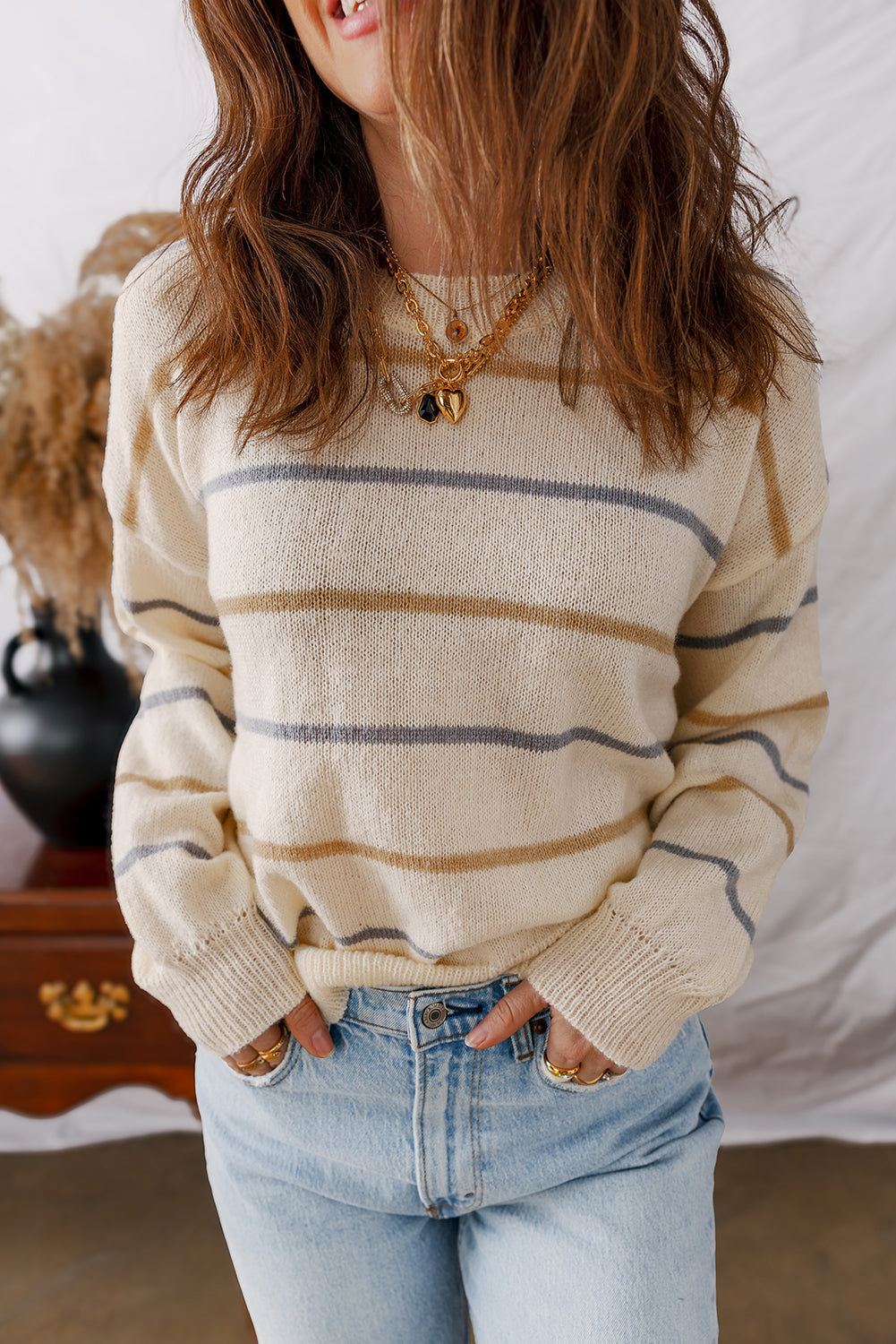 Multicolour Striped Ribbed Edge Drop Shoulder Sweater