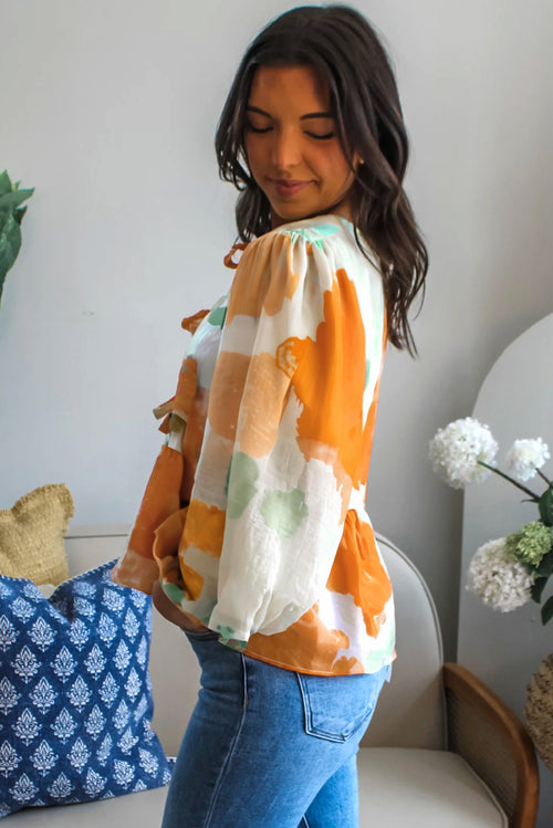Haut à imprimé carotte abstrait et manches bouffantes avec nœud sur le devant