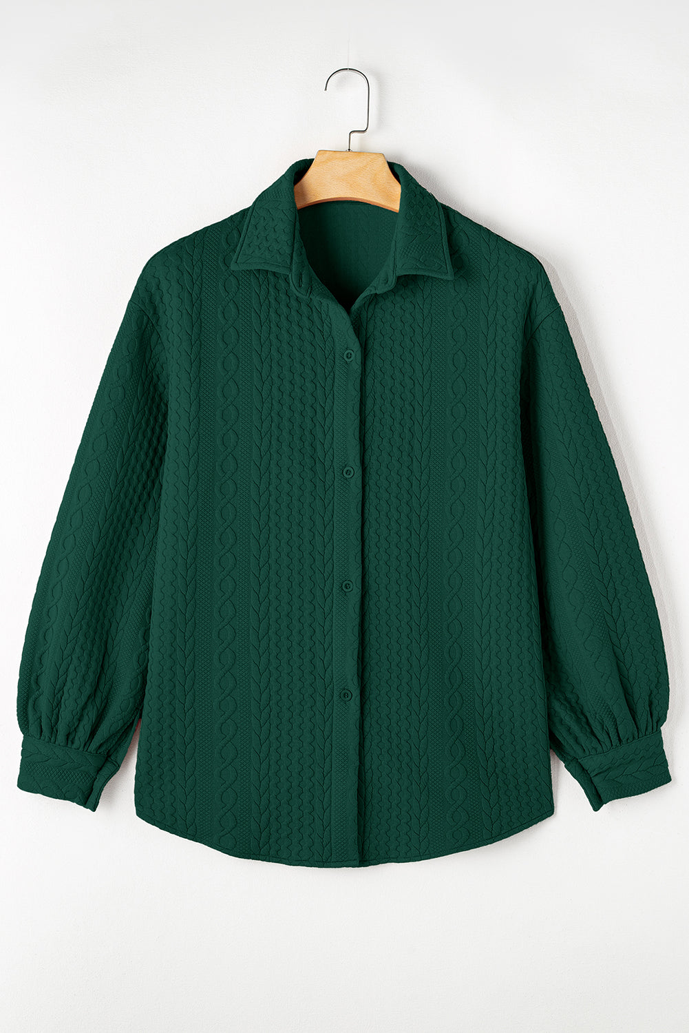 Blackish Green Cable Texture Puff Sleeve Loose Shacket