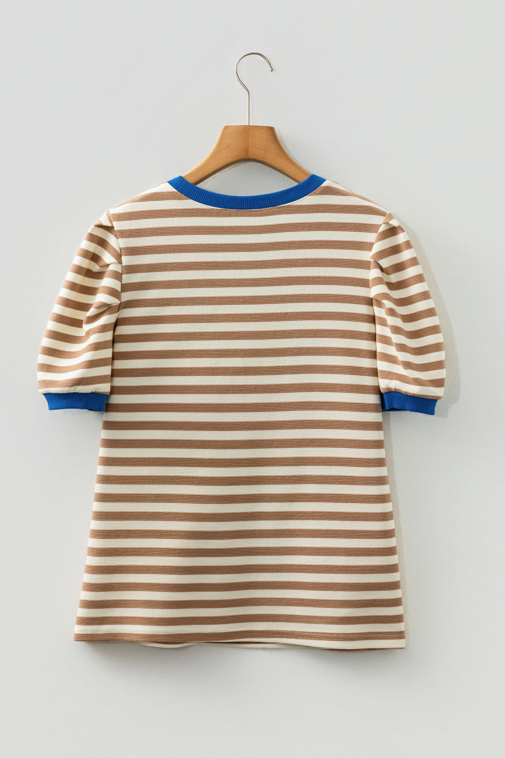 Brown Stripe Short Puff Sleeve Contrast Trim Round Neck Tee