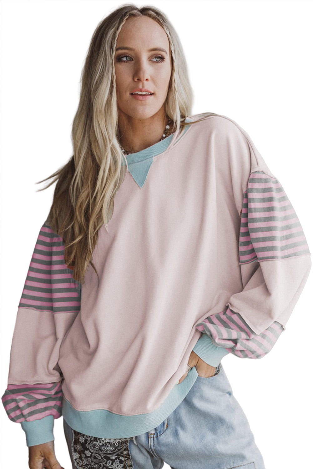 Delicacy Colorblock Patchwork Striped Sleeve Sweatshirt