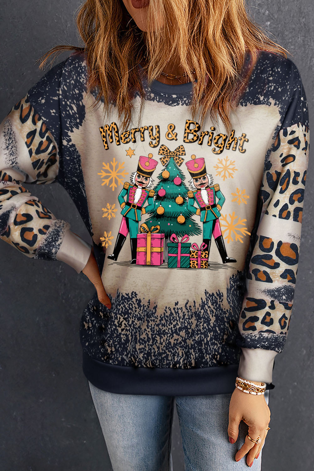 Black Merry&Bright Christmas Nutcracker Heat Transfer Printing Leopard Tie Dye Bleached Baggy Sweatshirt
