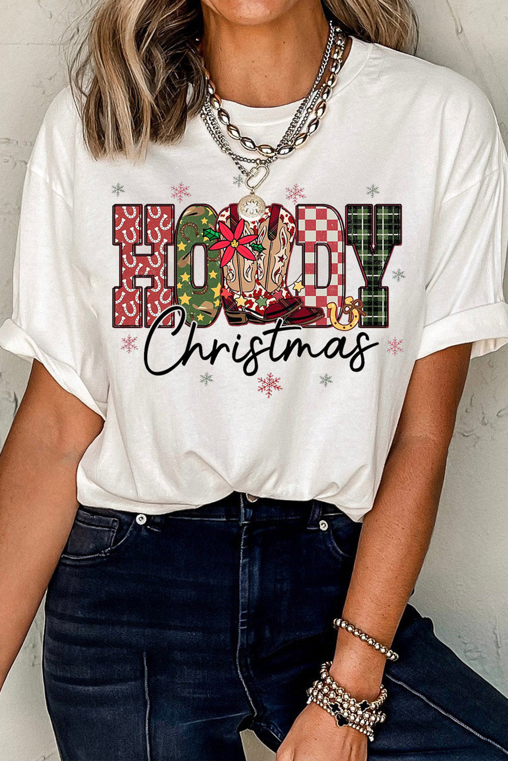 White Western HOWDY Christmas Festive Letter Printed Crew Neck T Shirt