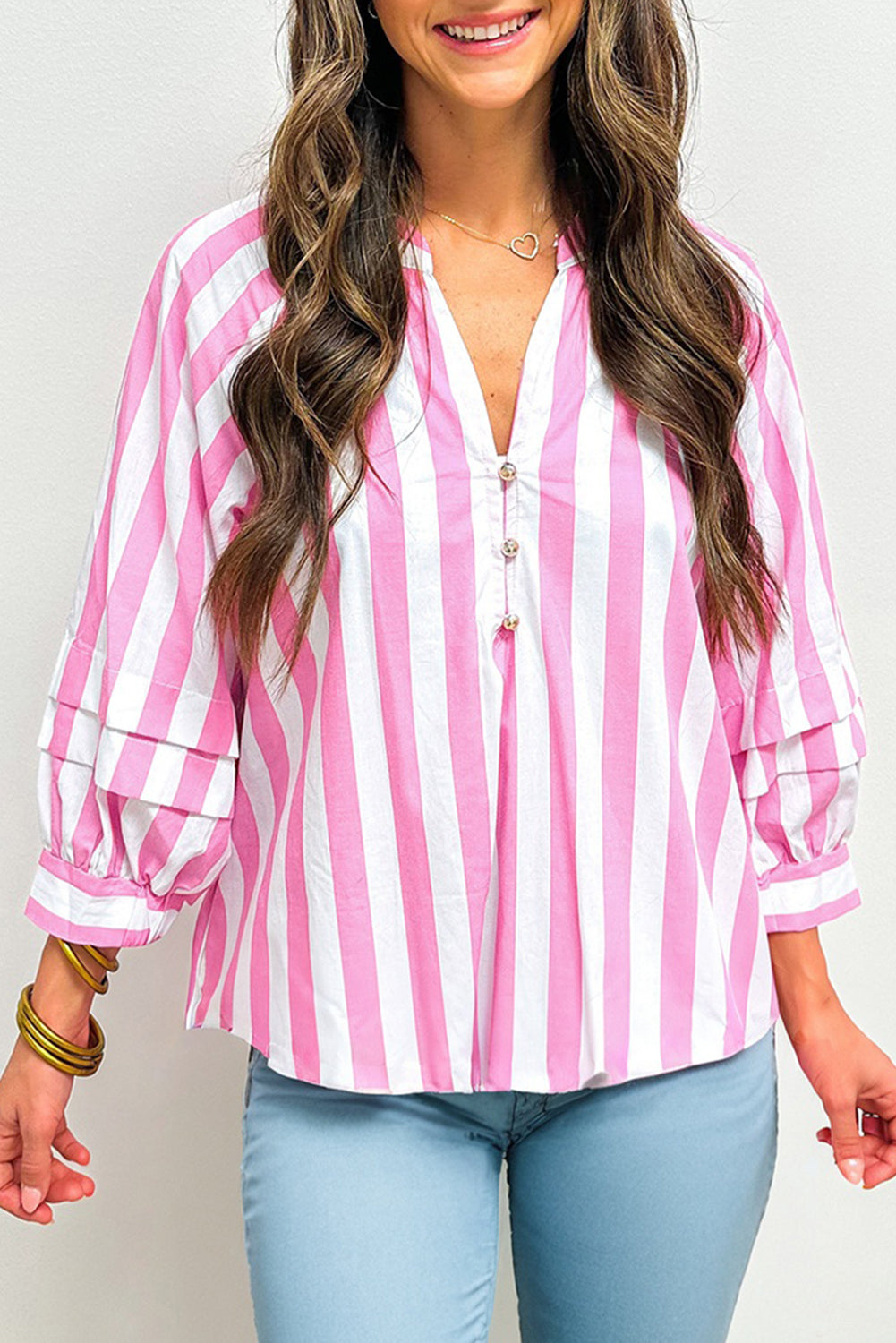 Rose Striped Button V Neck Raglan Sleeve Blouse