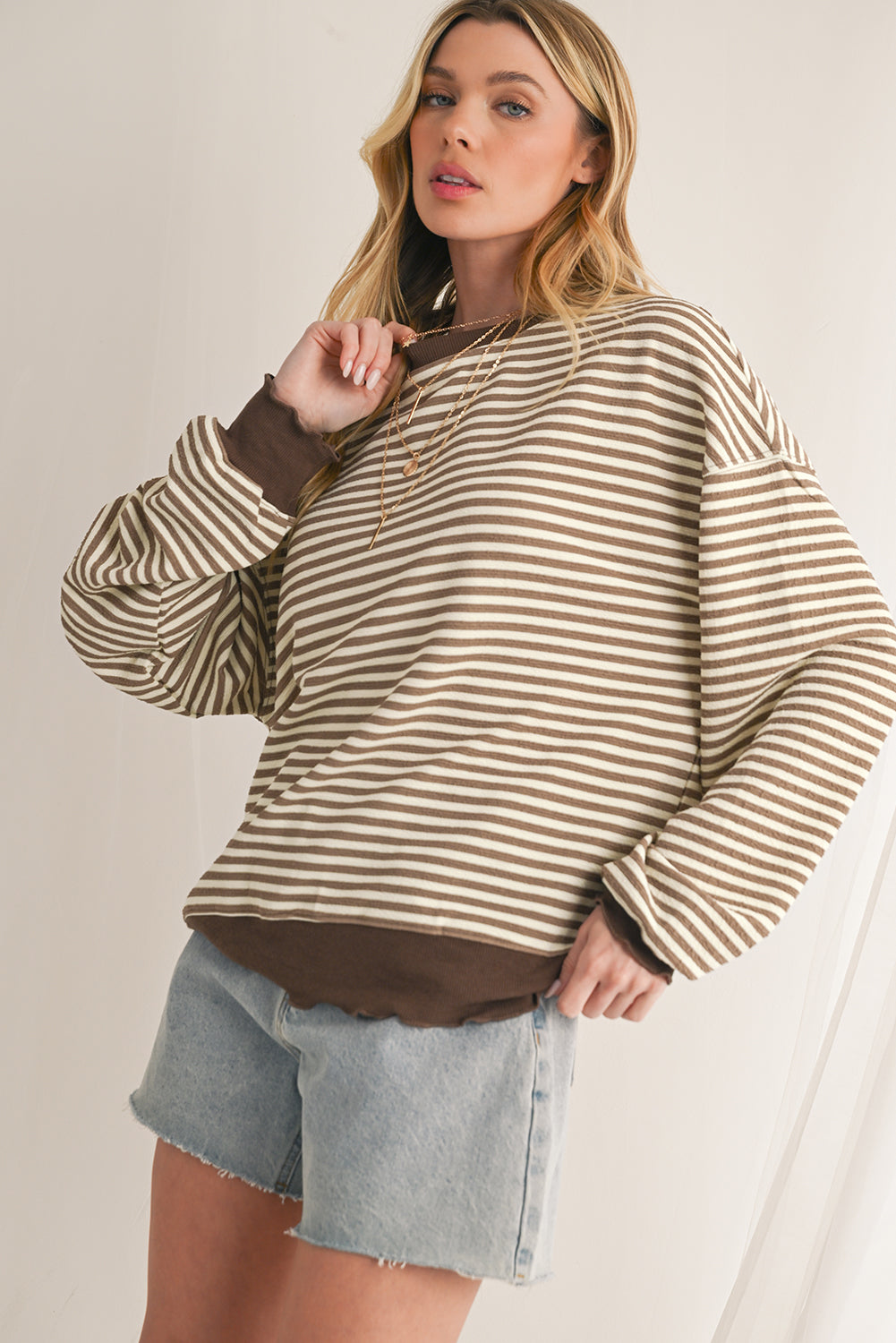 Brown Stripe Drop Shoulder Long Sleeve Top