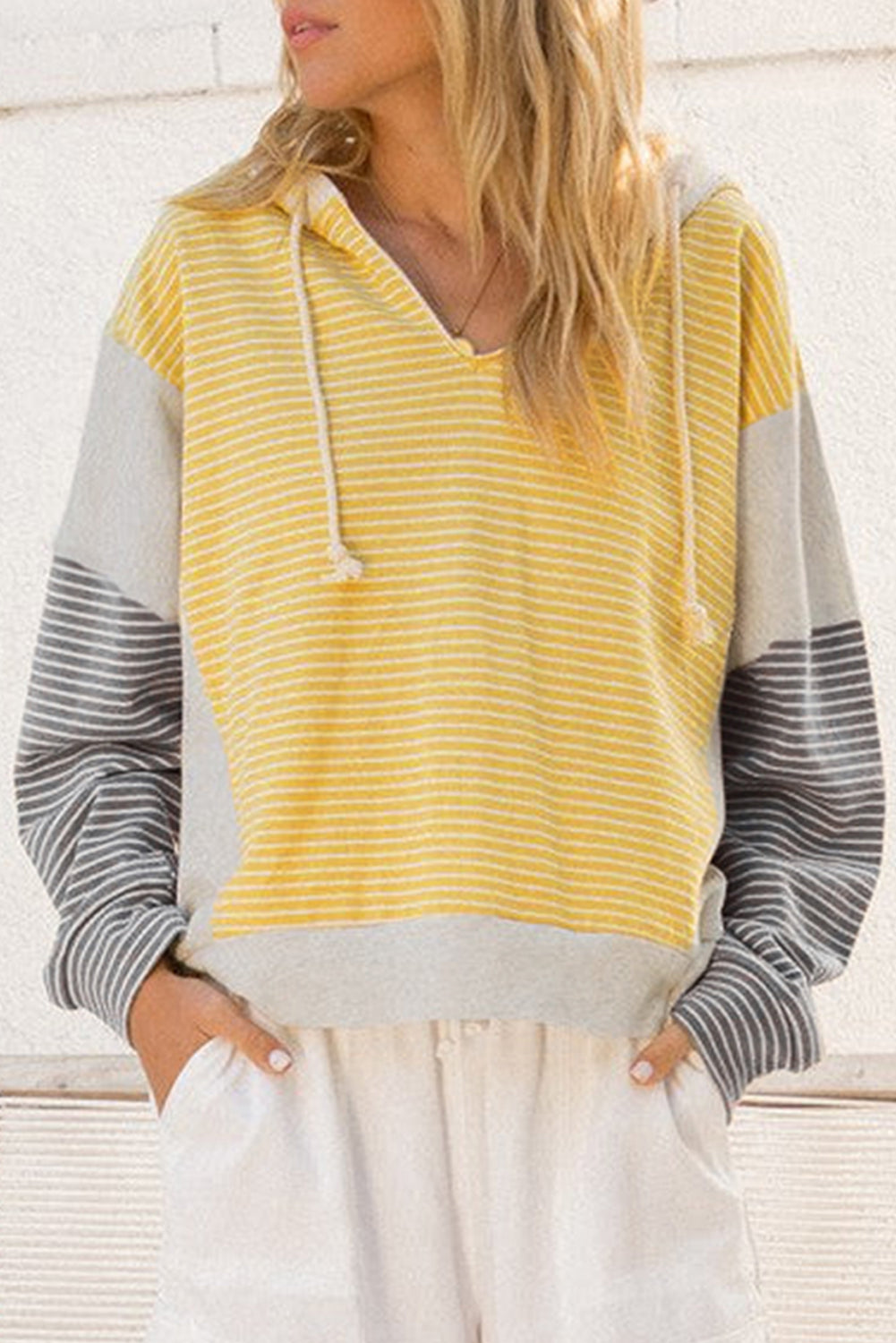Yellow Stripe Colorblock Drawstring V Neck Loose Fit Hooded Top