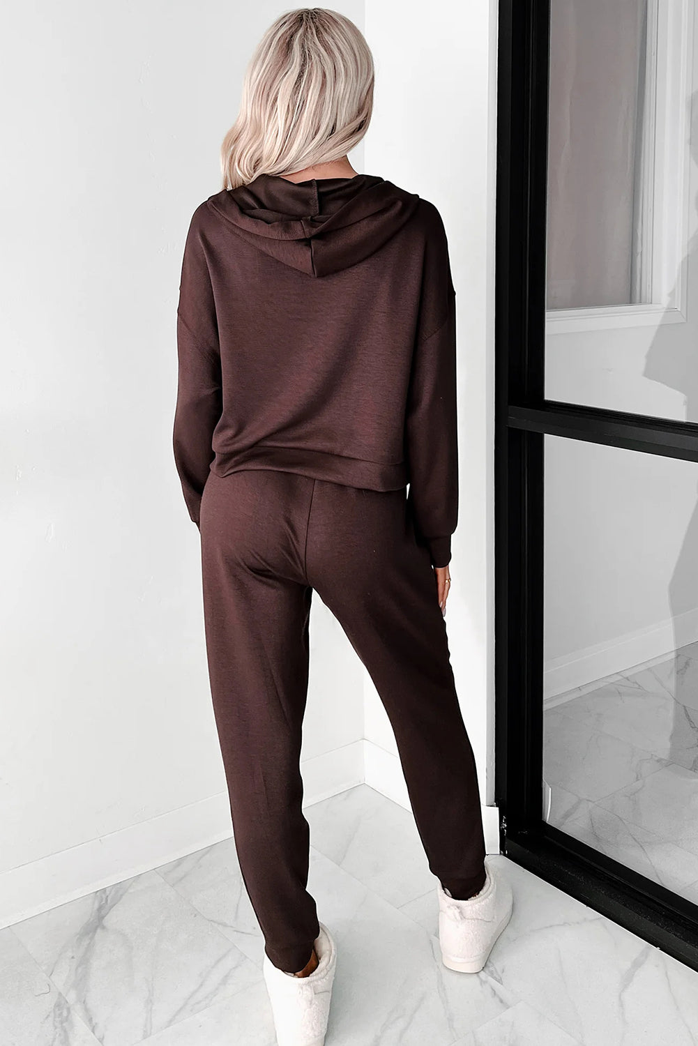 Chicory Coffee Button Drawstring Cropped Hoodie Sweatpants Set