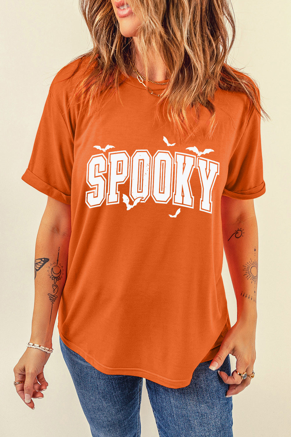 Orange SPOOKY Print Crewneck Halloween T Shirt