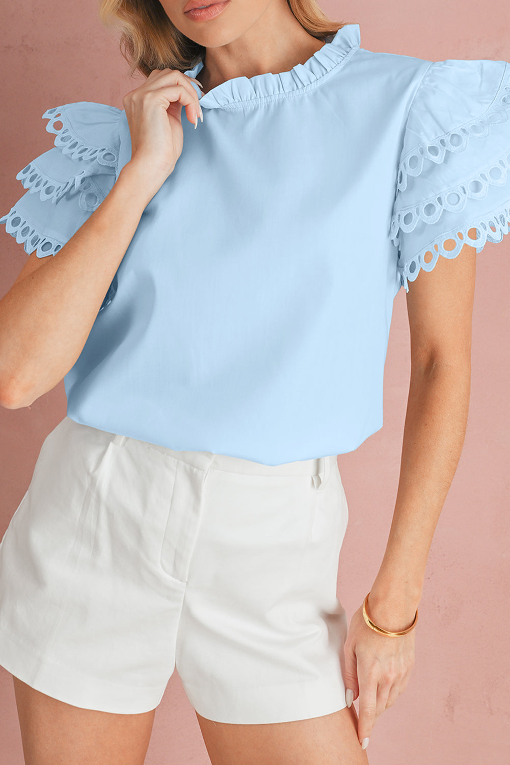 Beau Blue Layered Cap Sleeve Frill Neck Blouse