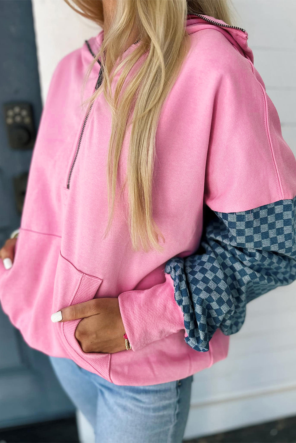 Bonbon Checkered Patchwork Kangaroo Pocket Half Zipper Hoodie