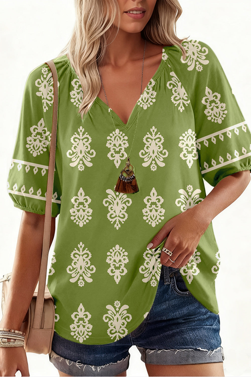 Green Boho Chic Notched V Neck Plus Floral Short Sleeve Top