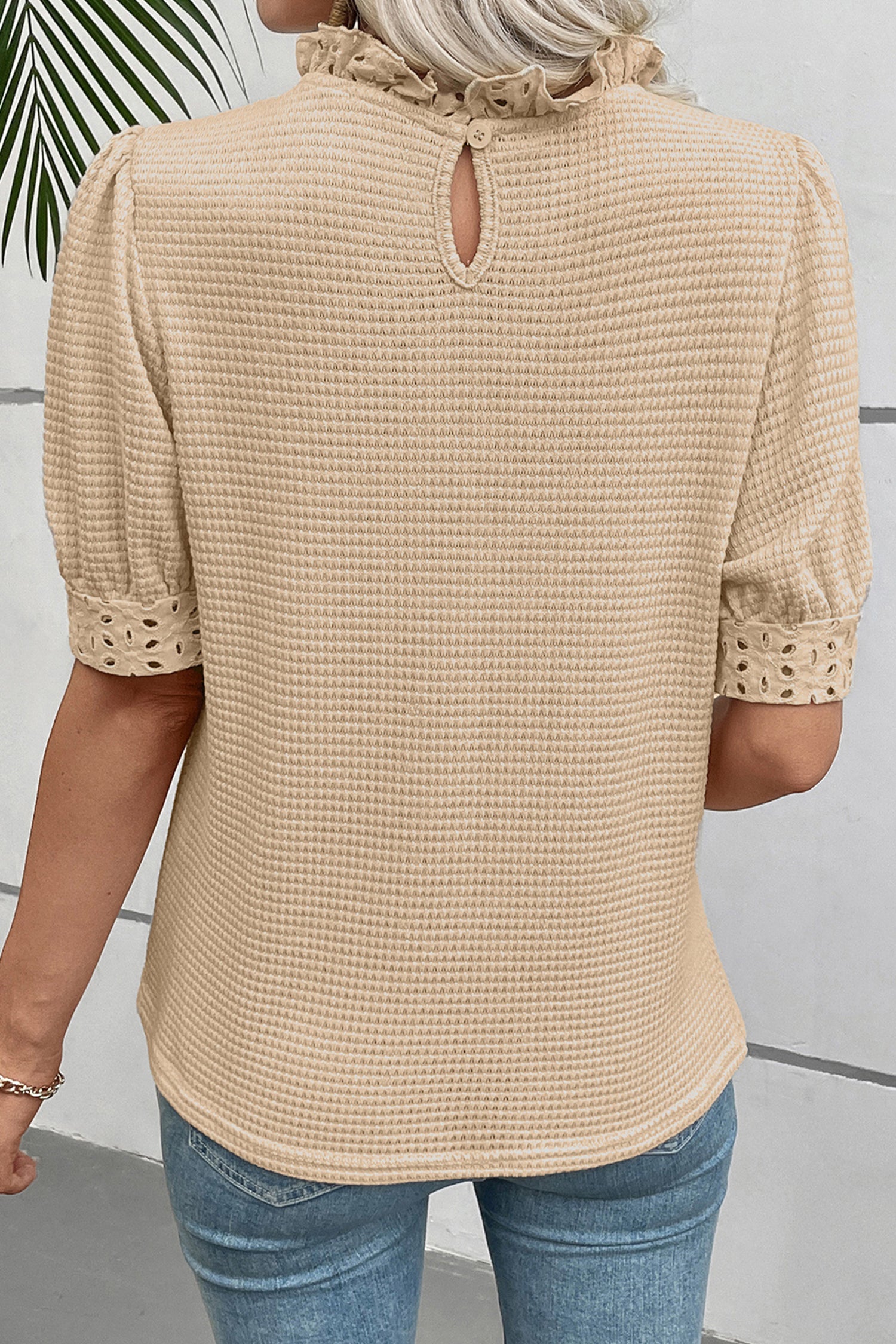 Parchment Textured Knit Eyelet Embroidered Patchwork Ruffled Neck Short Sleeve Blouse