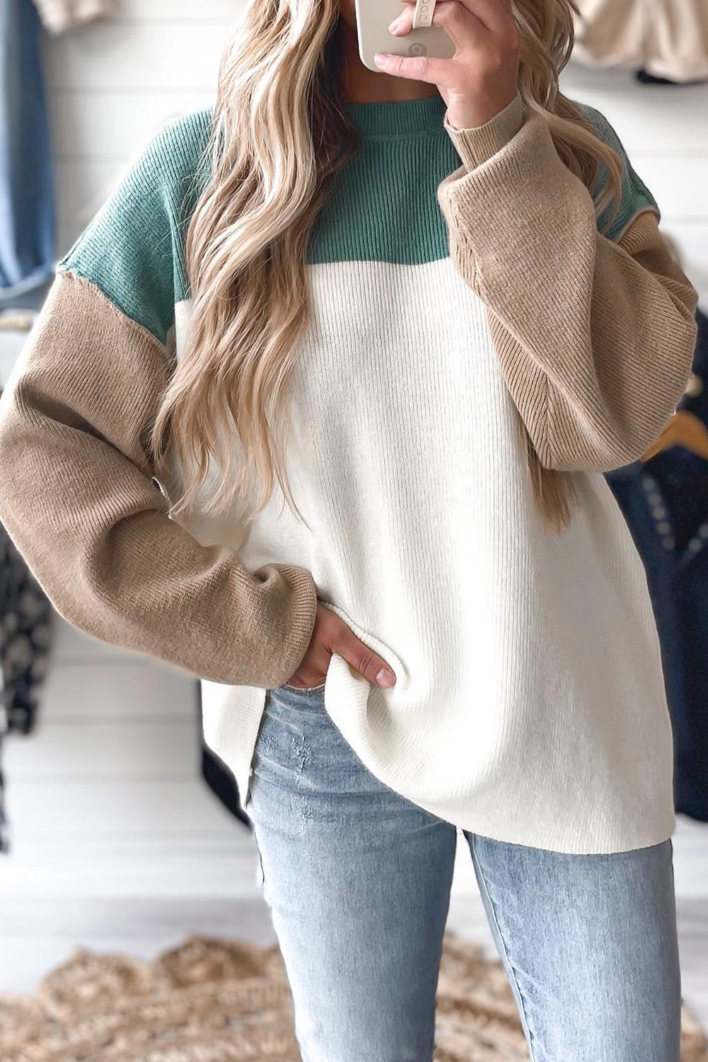 Green Colorblock Ribbed Knit Baggy Sweater