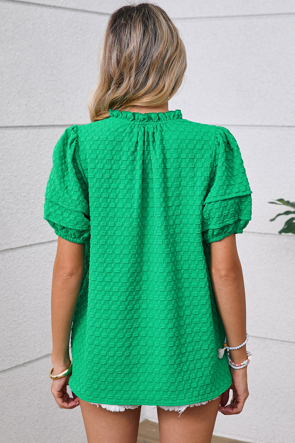 Bright Green Textured Puff Short Sleeve Notched V Neck Top