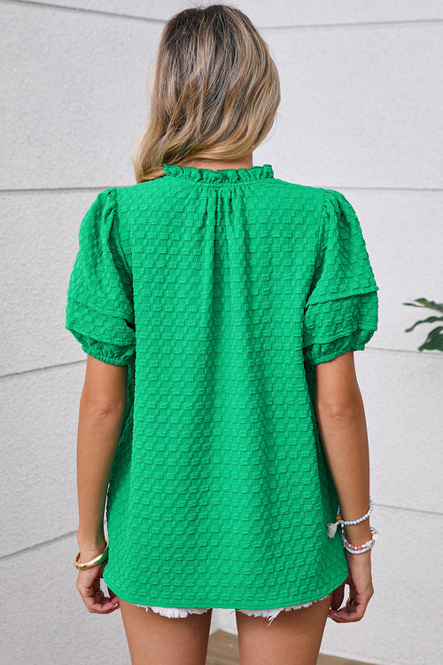 Bright Green Textured Puff Short Sleeve Notched V Neck Top