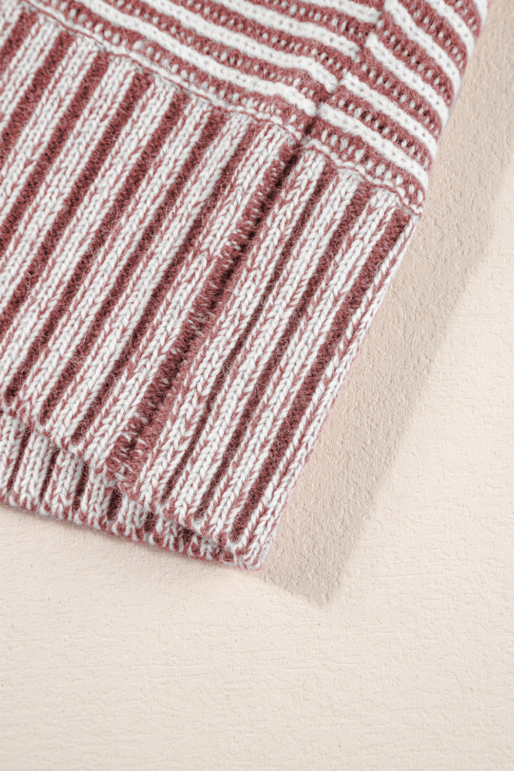 Light French Beige Striped Print Ribbed Knit Raglan Sleeve Baggy Sweater