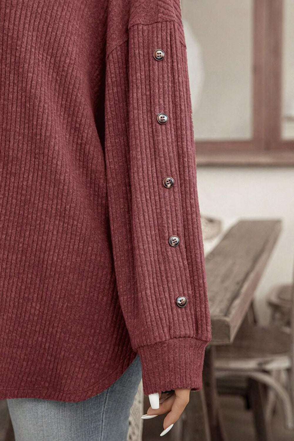 Wild Ginger Plus Size Ribbed Button Decor Long Sleeve Top