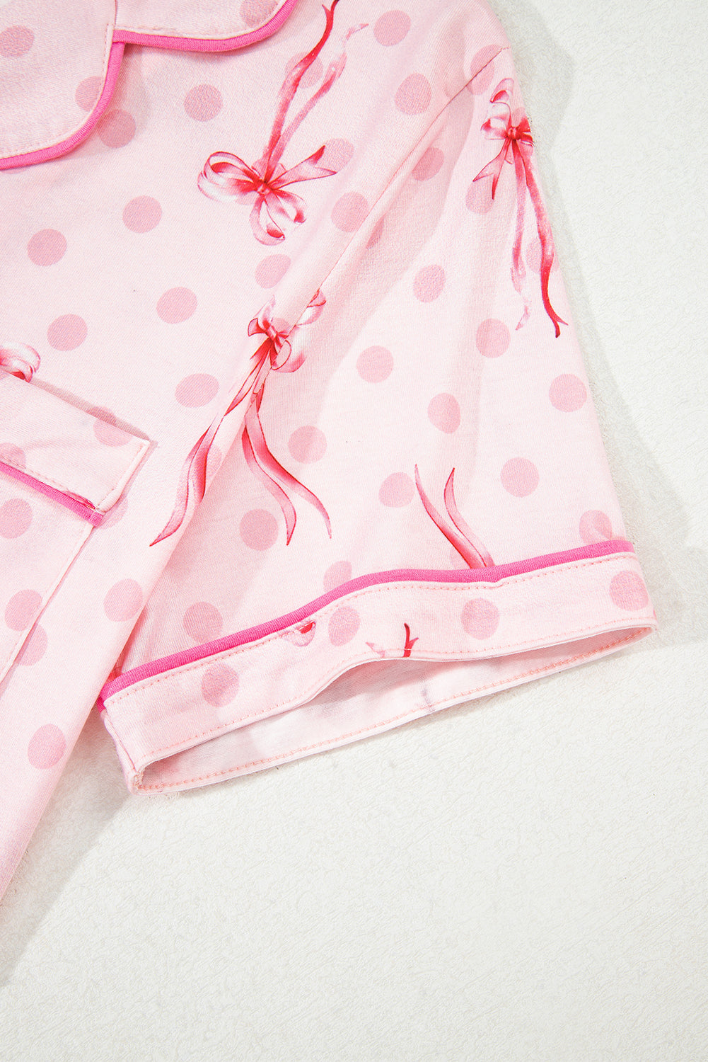 Pink Polka Dot and Bow Print Ruffle Hem Shorts Pajama Set