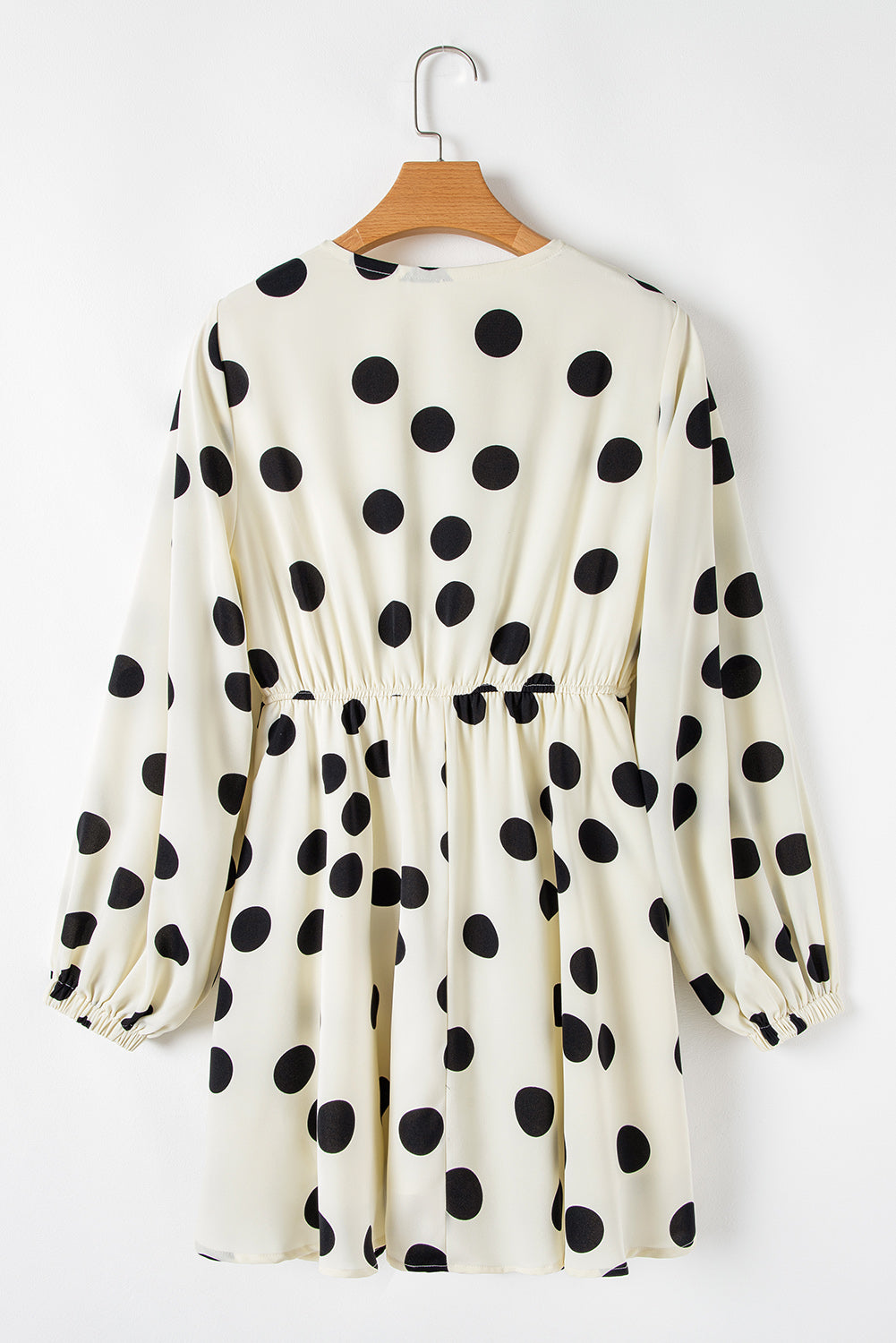 Beige Polka Dot Print Surplice V Neck Puff Sleeve Mini Dress