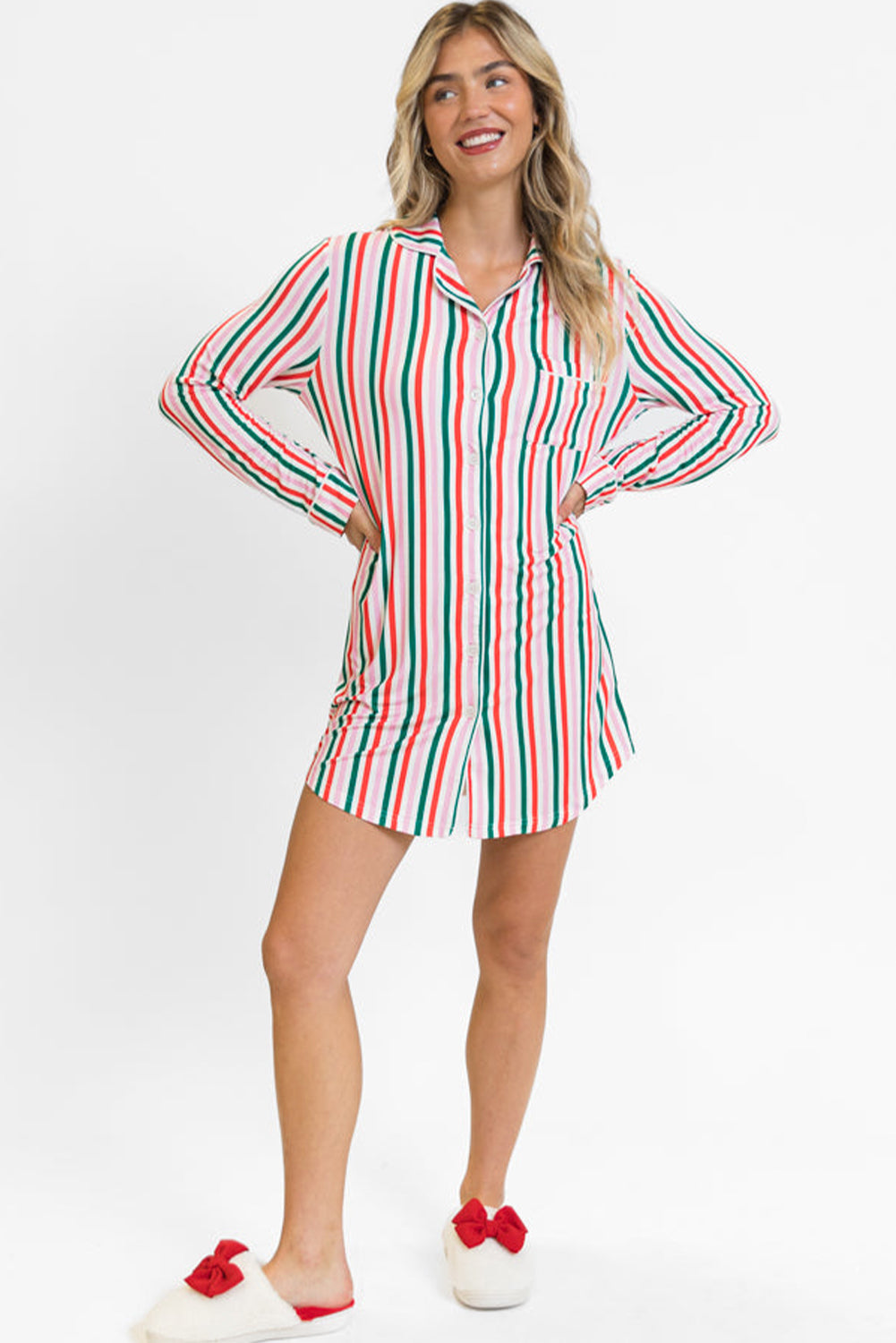 Pink Stripe Christmas Long Sleeve Shirt Style Sleep Dress